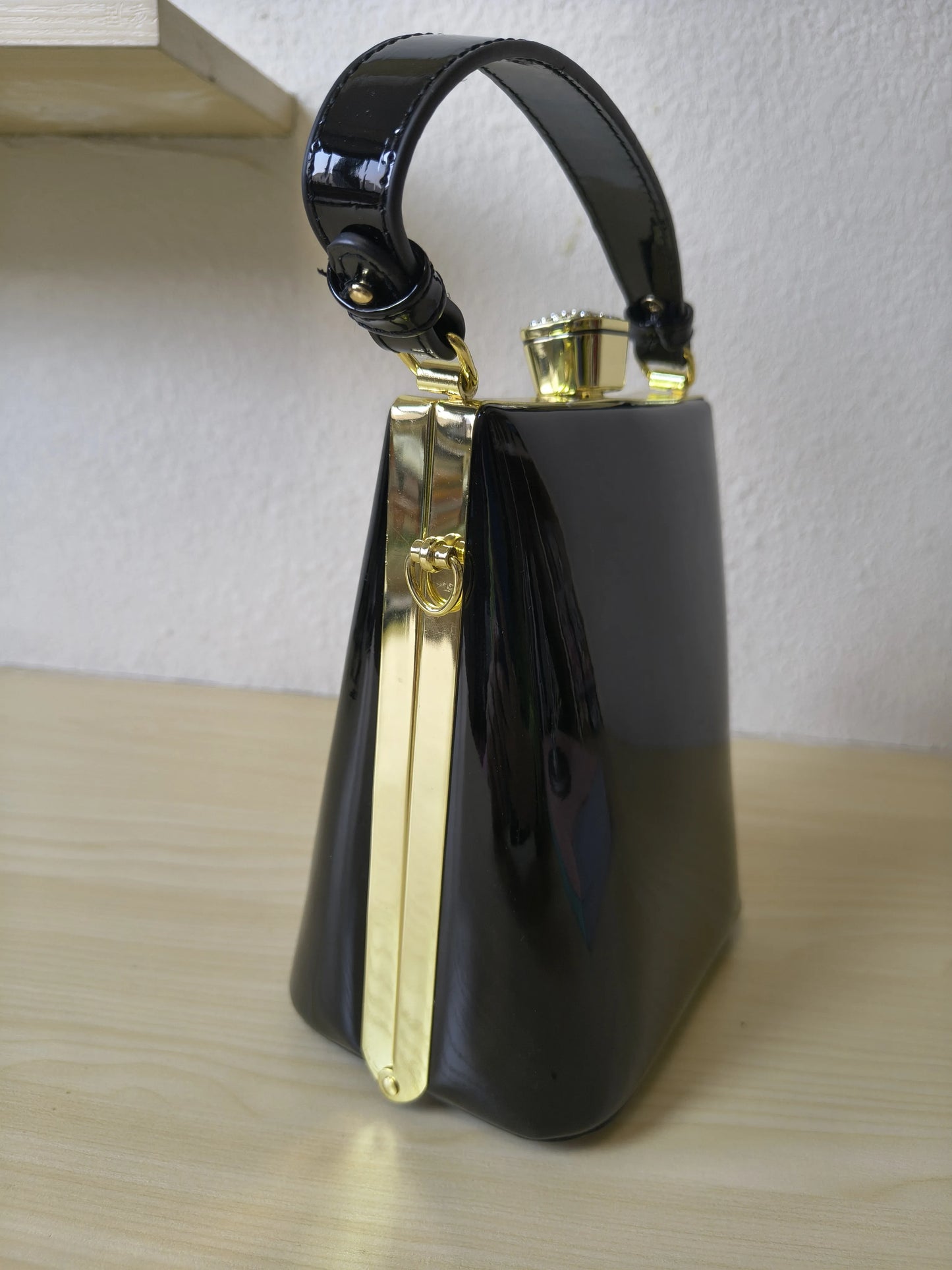 Classic Black Structured Rhinestone Frame Box Bag (E55)