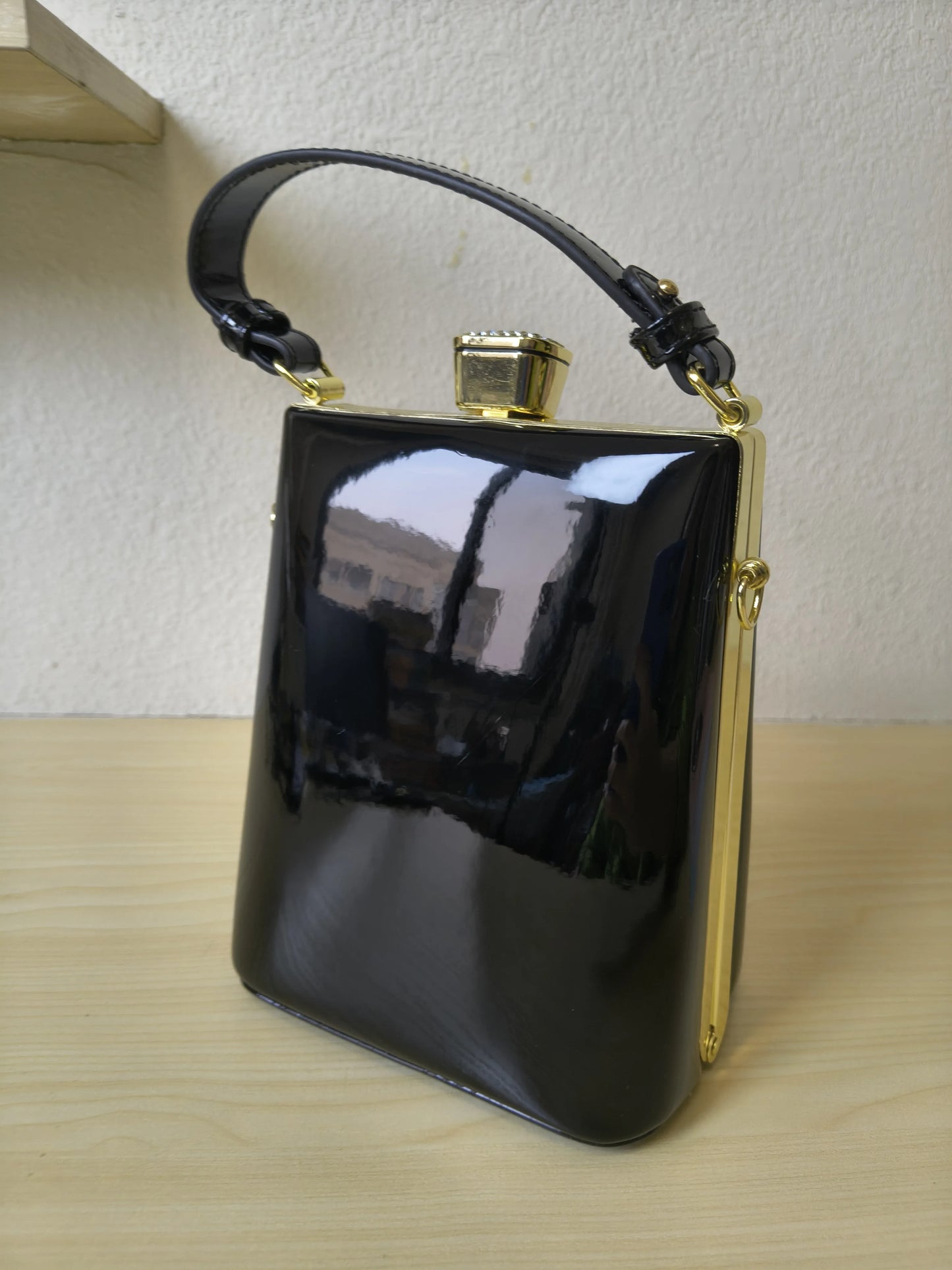 Classic Black Structured Rhinestone Frame Box Bag (E55)