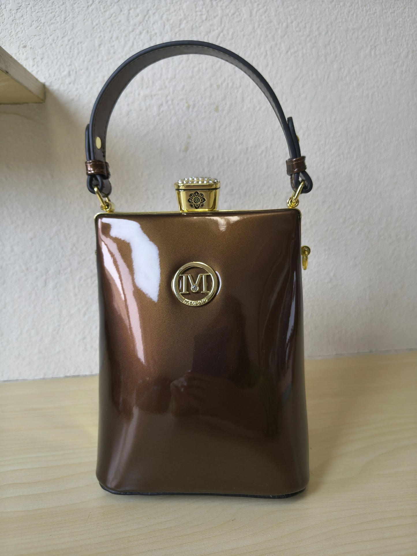 Rich Coffee Structured Rhinestone Frame Box Bag (E58)