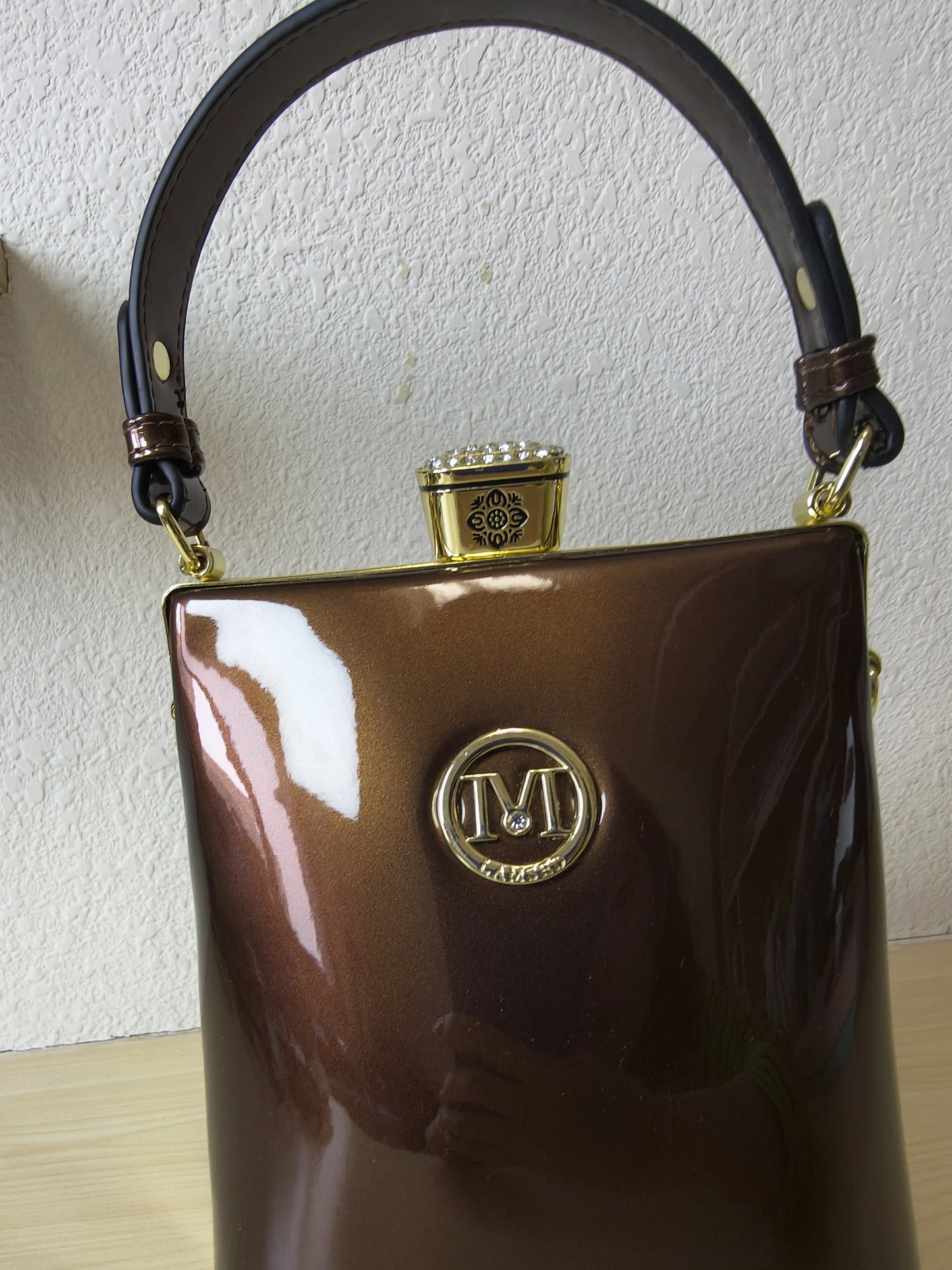 Rich Coffee Structured Rhinestone Frame Box Bag (E58)