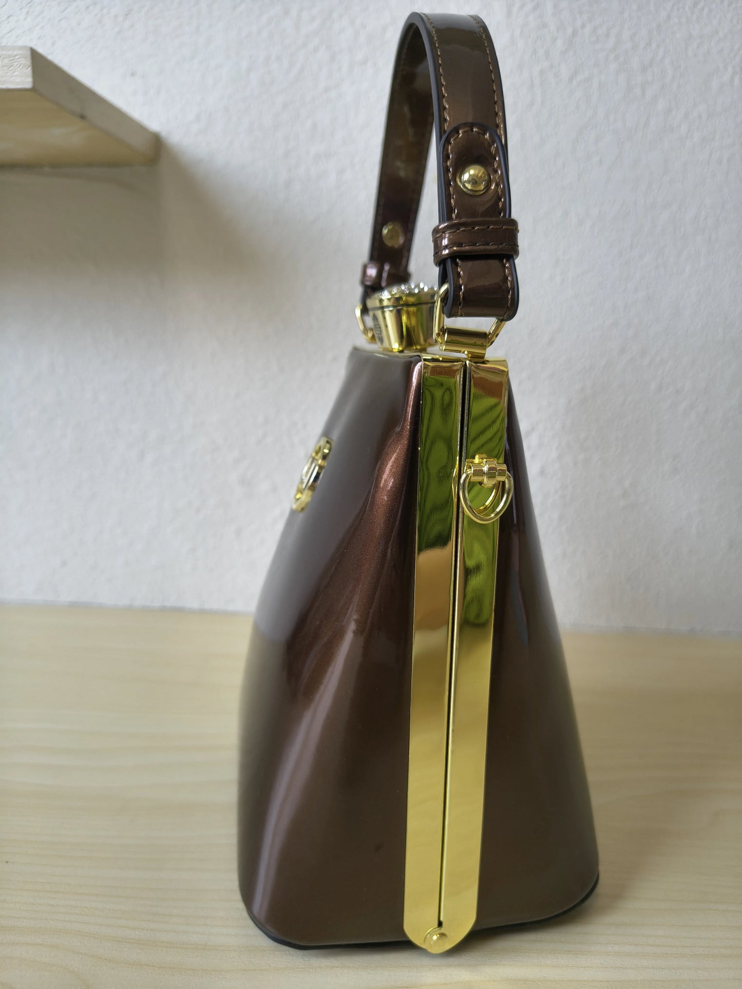 Rich Coffee Structured Rhinestone Frame Box Bag (E58)