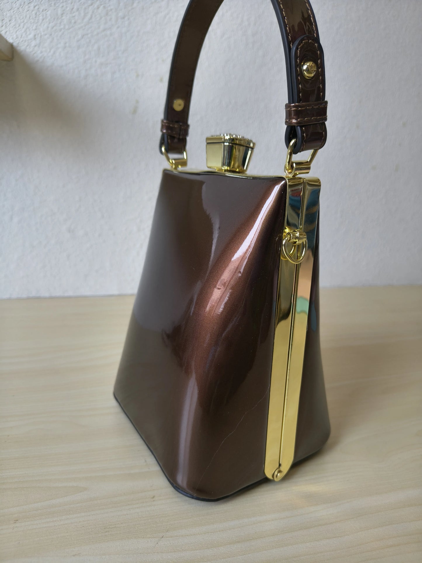 Rich Coffee Structured Rhinestone Frame Box Bag (E58)