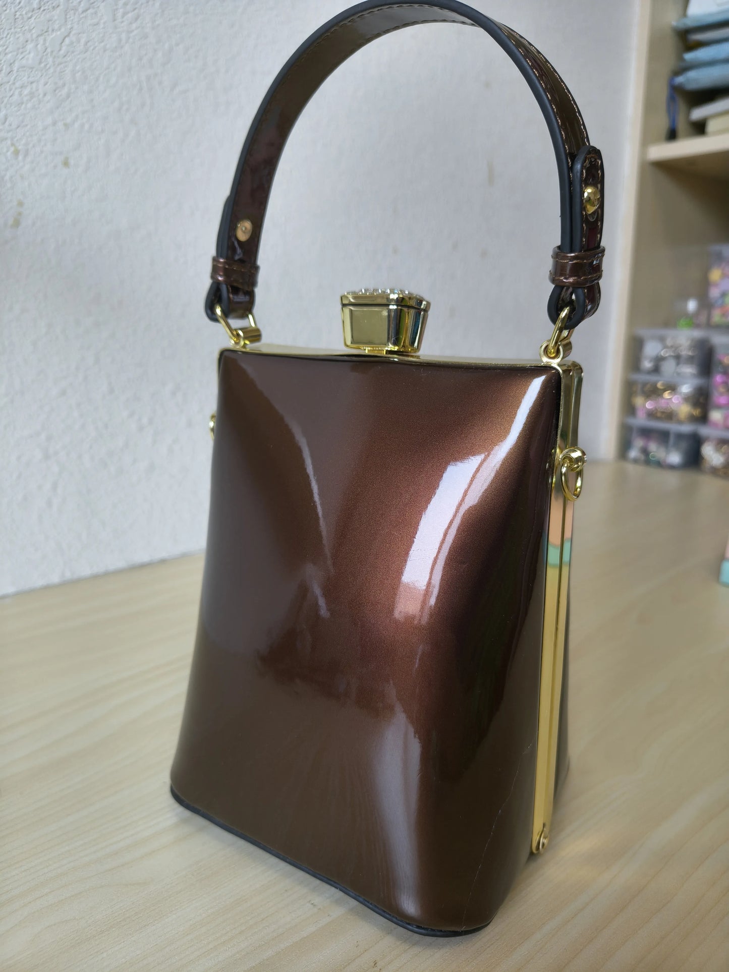 Rich Coffee Structured Rhinestone Frame Box Bag (E58)