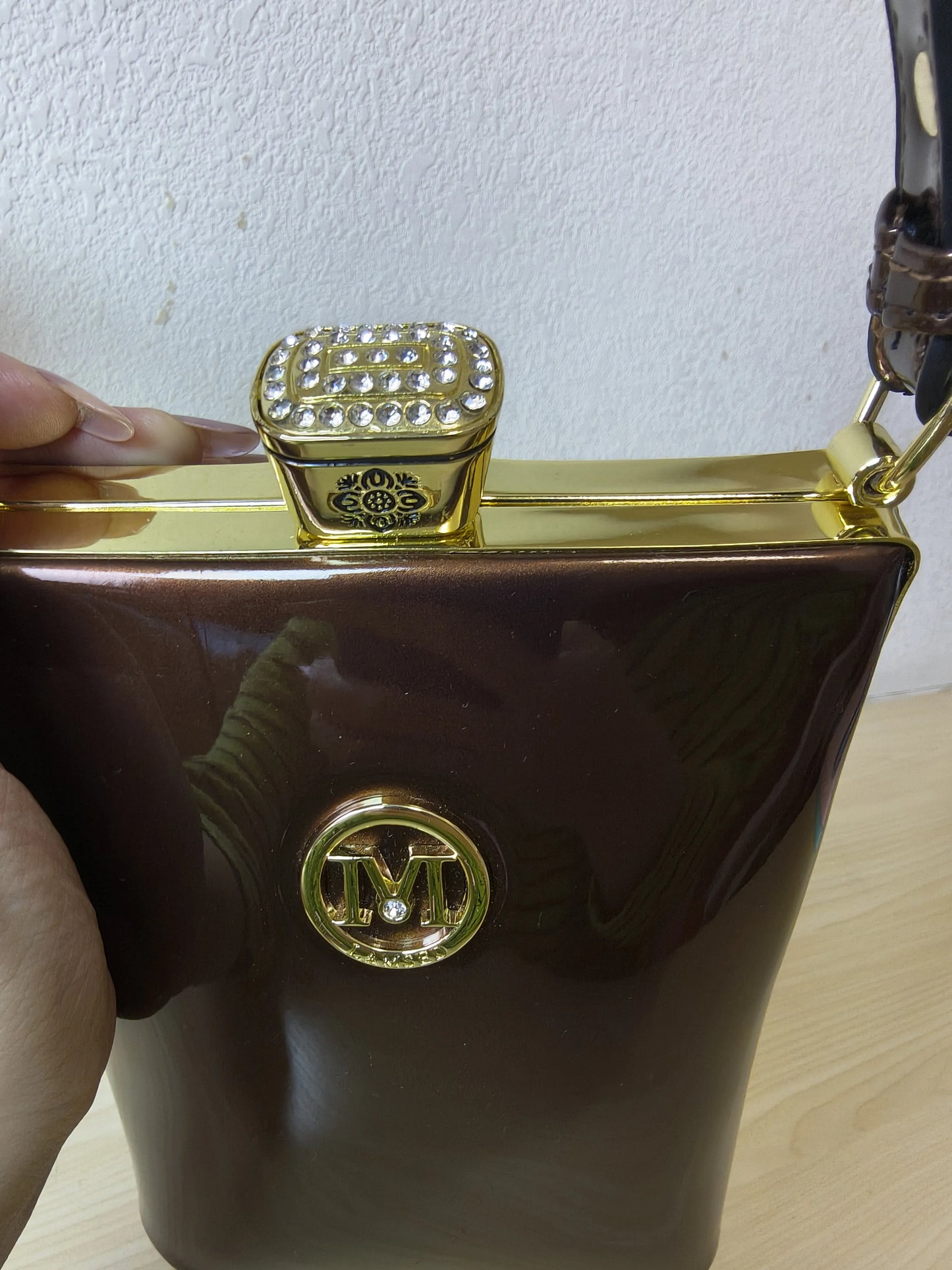 Rich Coffee Structured Rhinestone Frame Box Bag (E58)