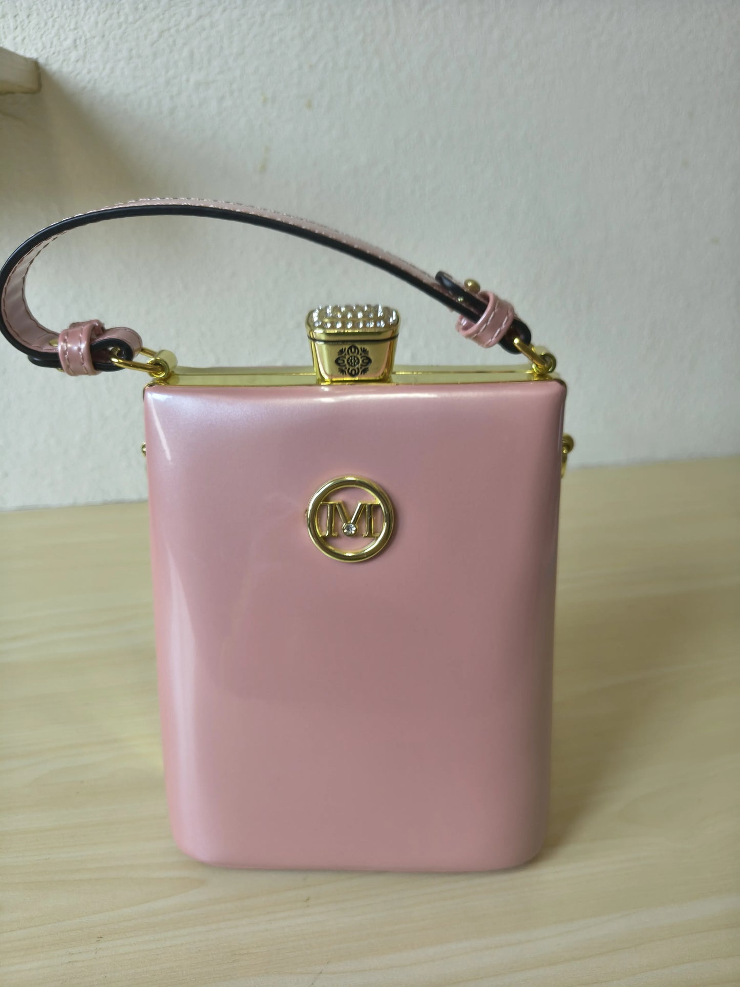 Soft Pink Structured Rhinestone Frame Box Bag (E59)