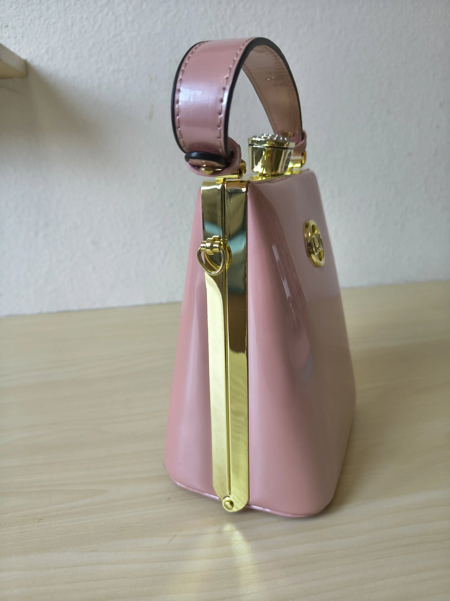 Soft Pink Structured Rhinestone Frame Box Bag (E59)