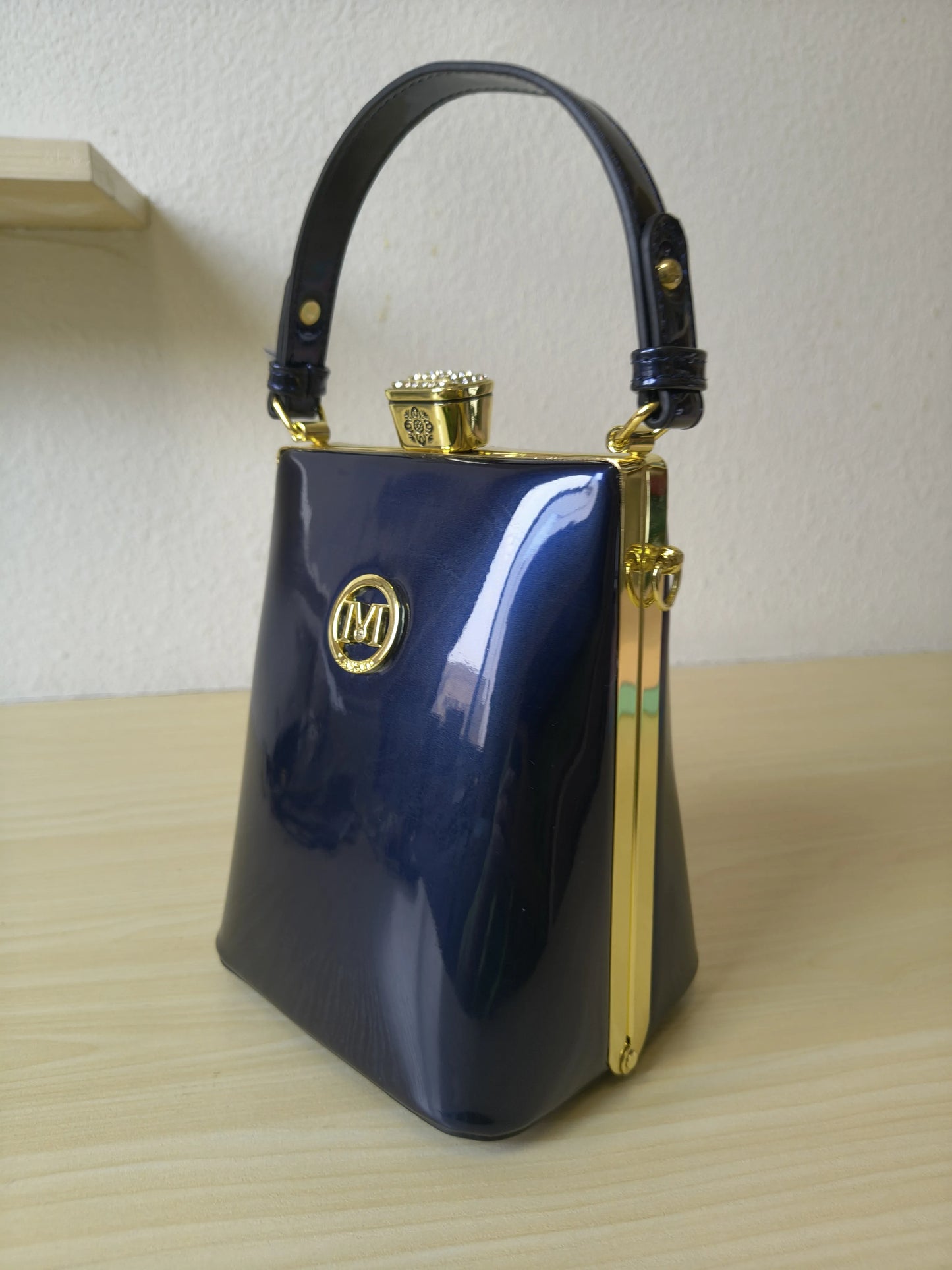 Deep Navy Blue Structured Rhinestone Frame Box Bag (E60)