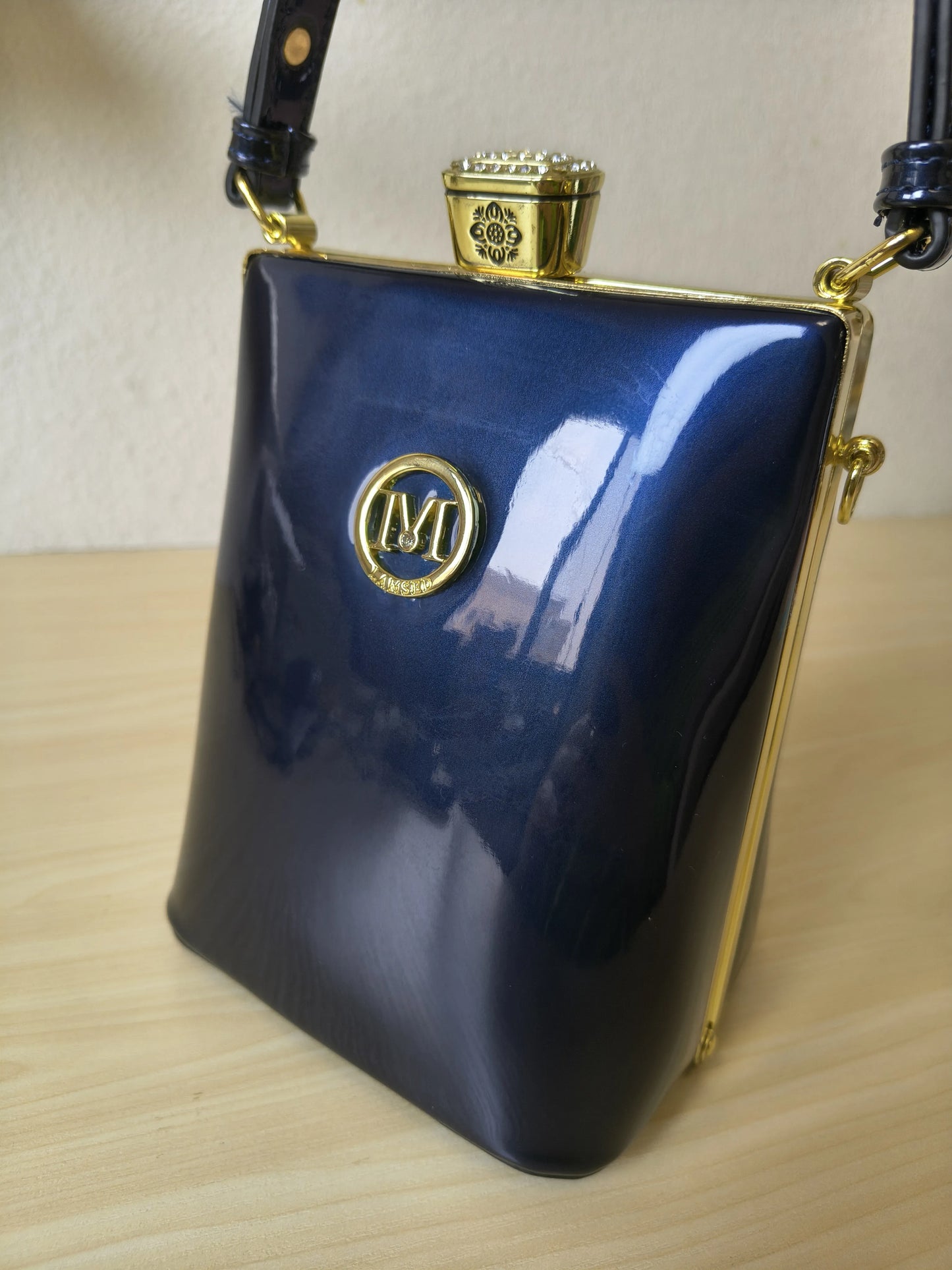 Deep Navy Blue Structured Rhinestone Frame Box Bag (E60)