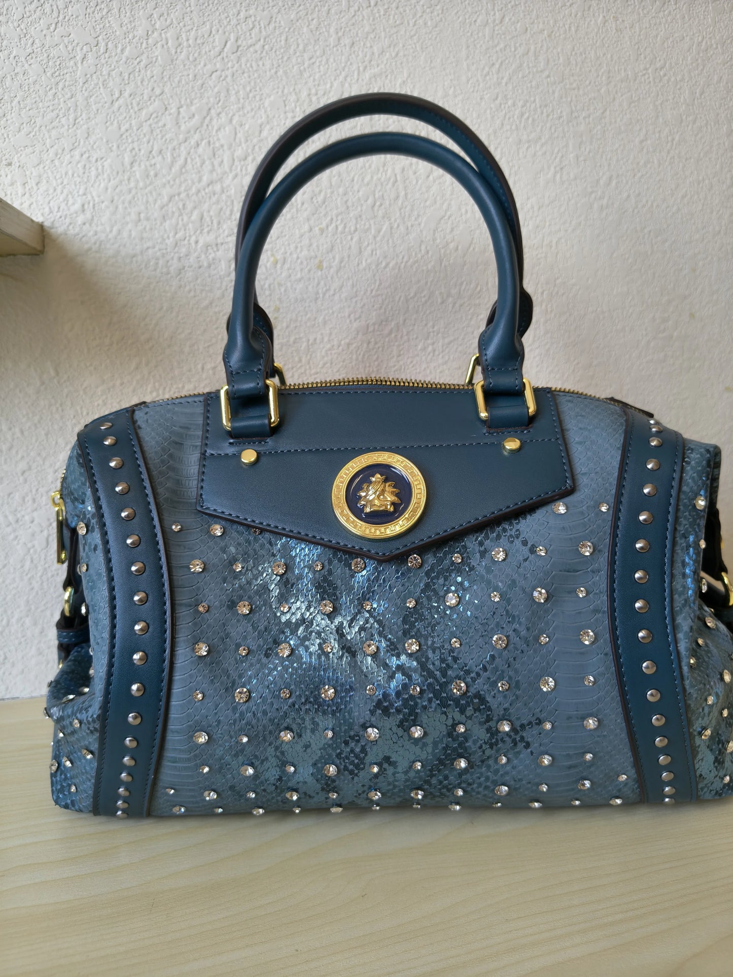 Teal Blue Python Embossed Rhinestone Boston Bag (E61)