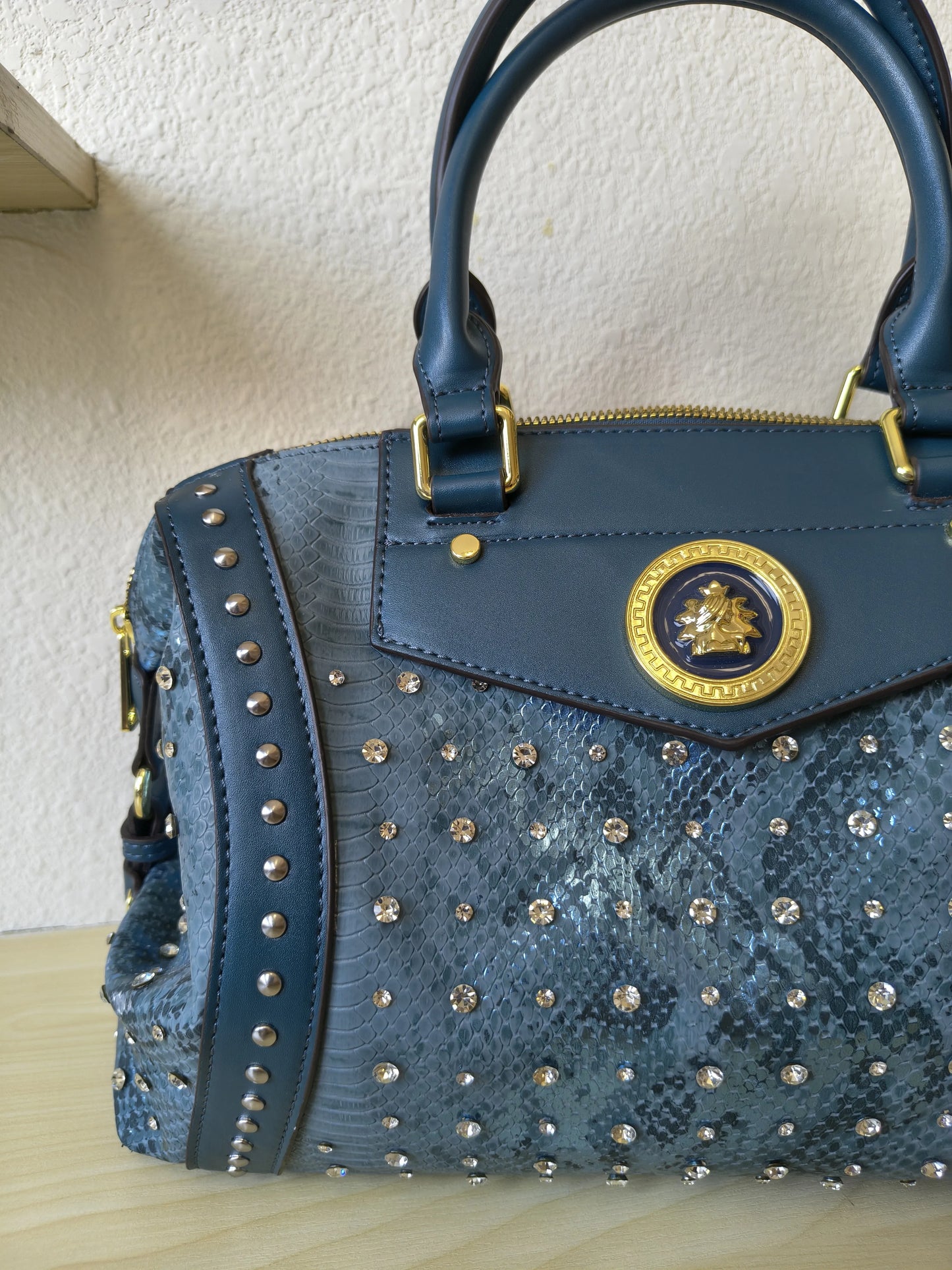 Teal Blue Python Embossed Rhinestone Boston Bag (E61)