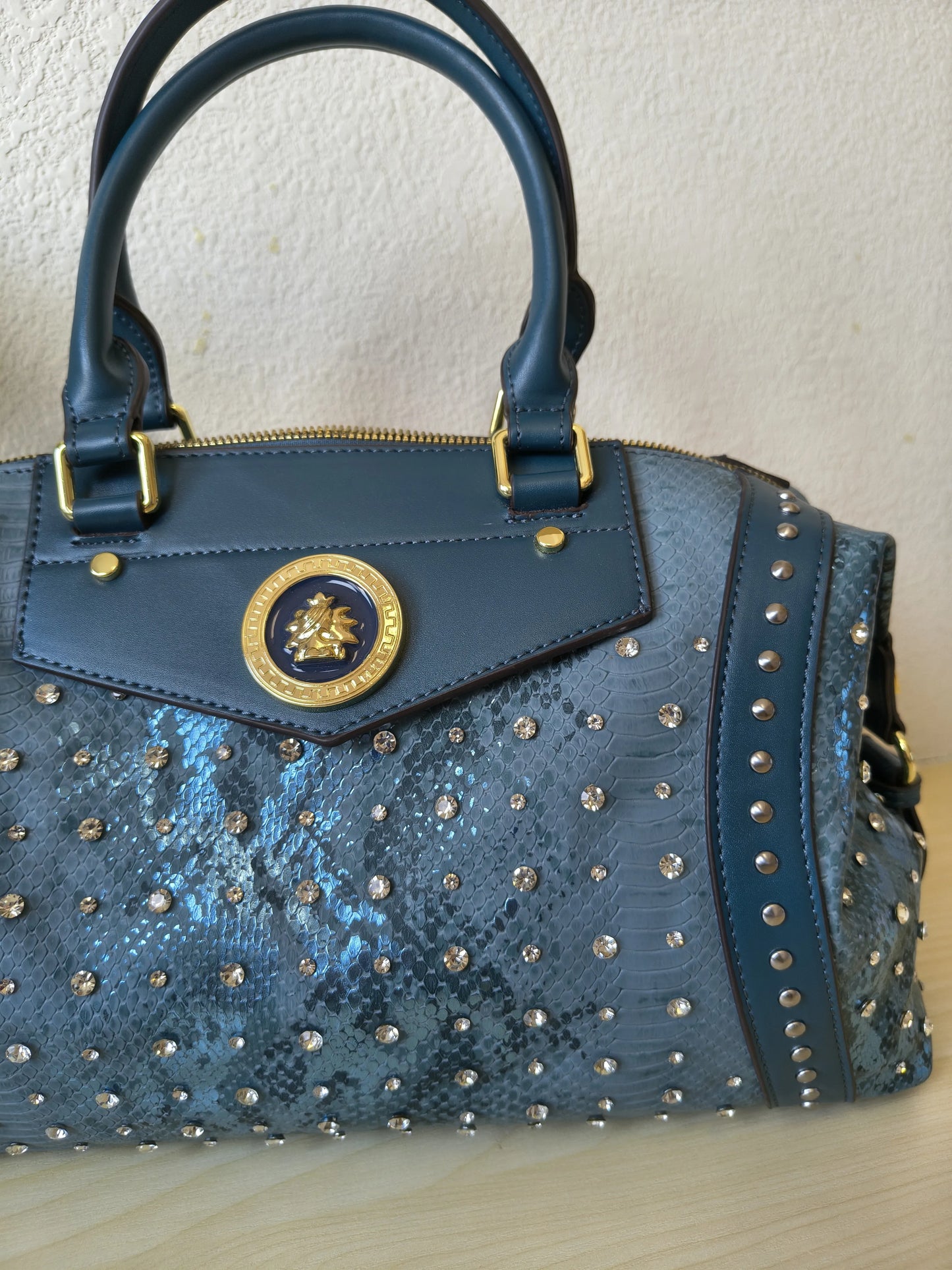 Teal Blue Python Embossed Rhinestone Boston Bag (E61)