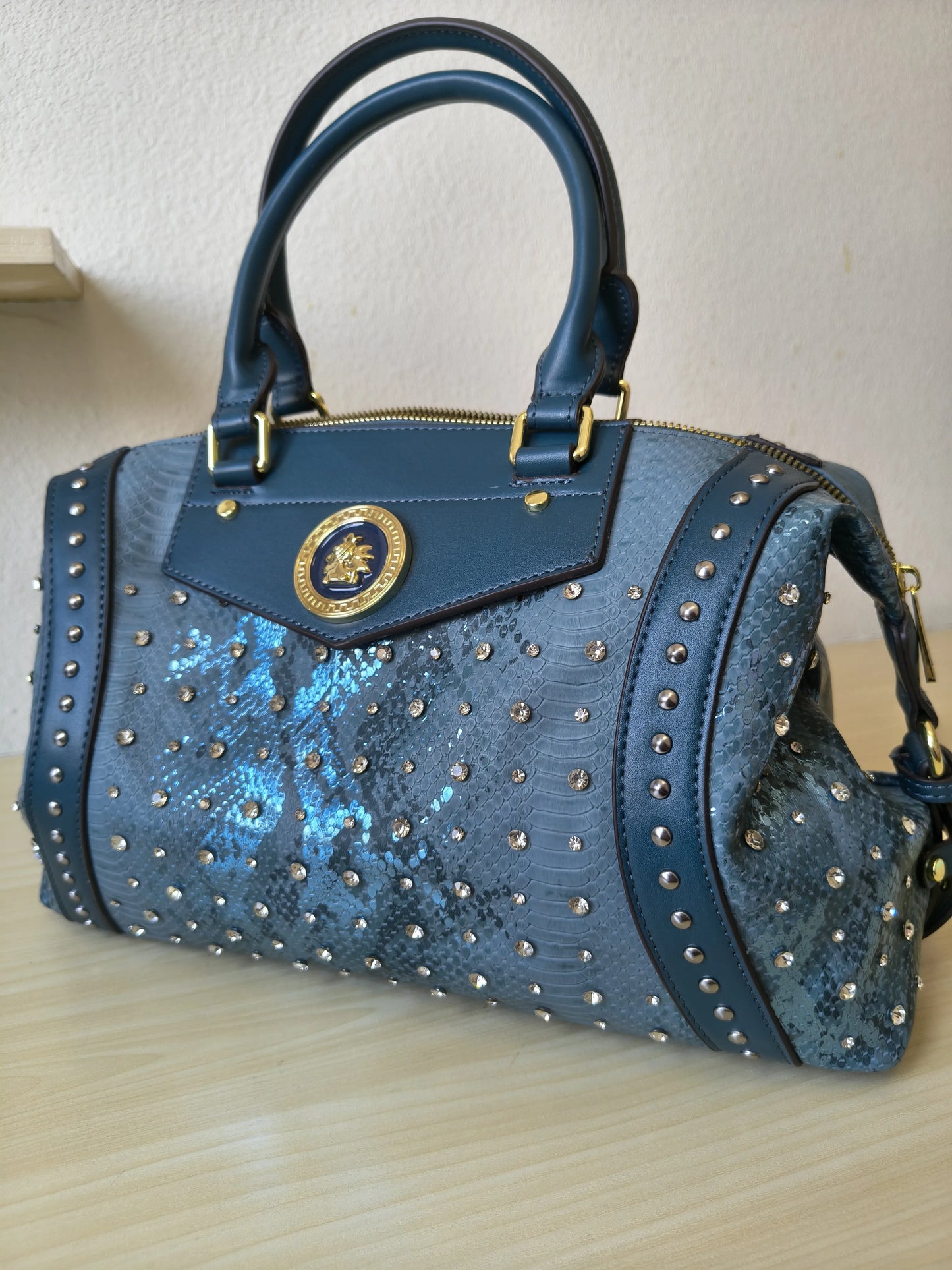 Teal Blue Python Embossed Rhinestone Boston Bag (E61)