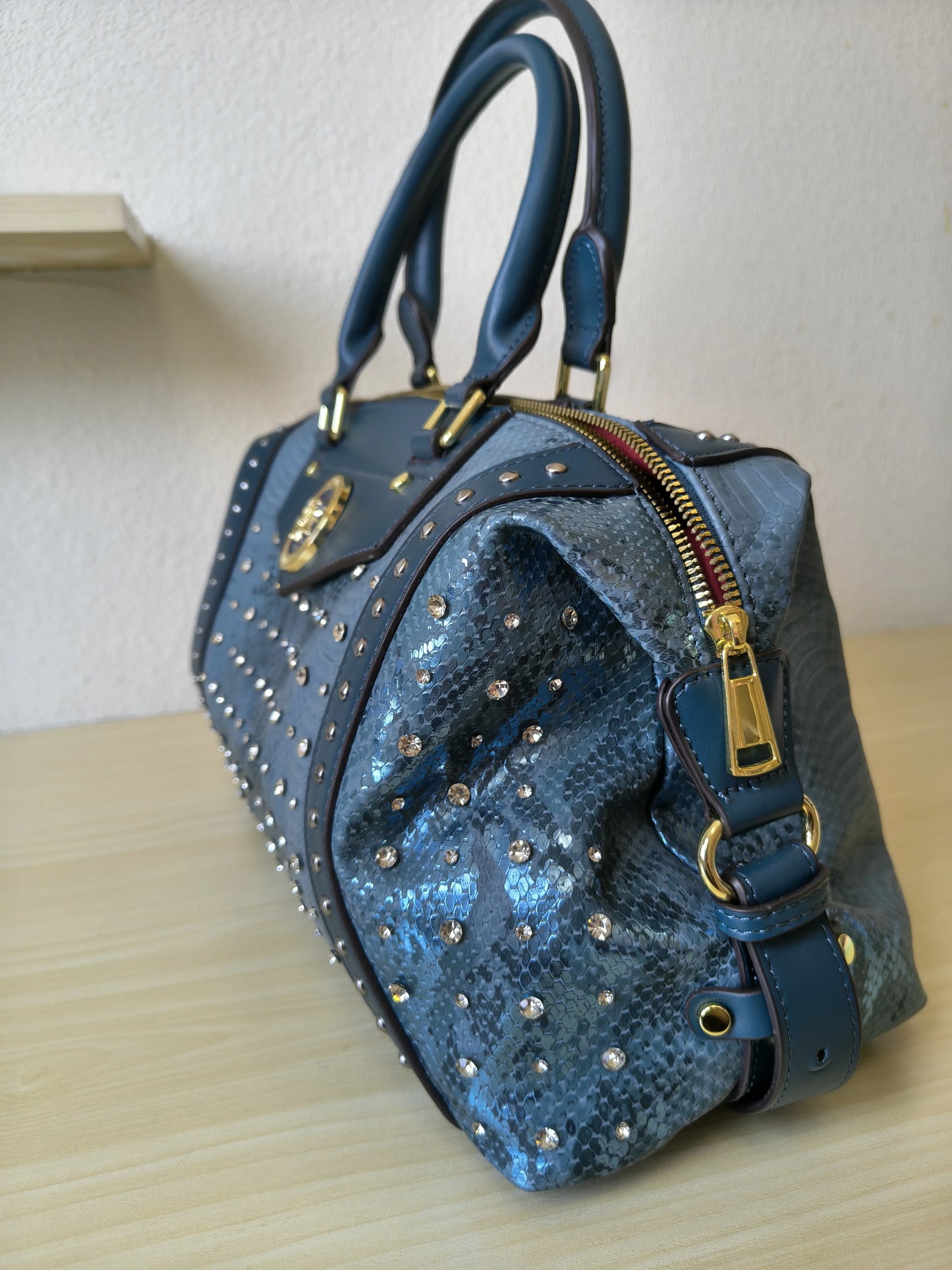 Teal Blue Python Embossed Rhinestone Boston Bag (E61)