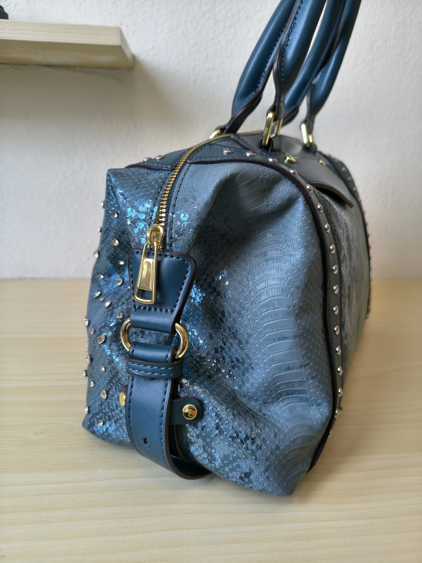 Teal Blue Python Embossed Rhinestone Boston Bag (E61)