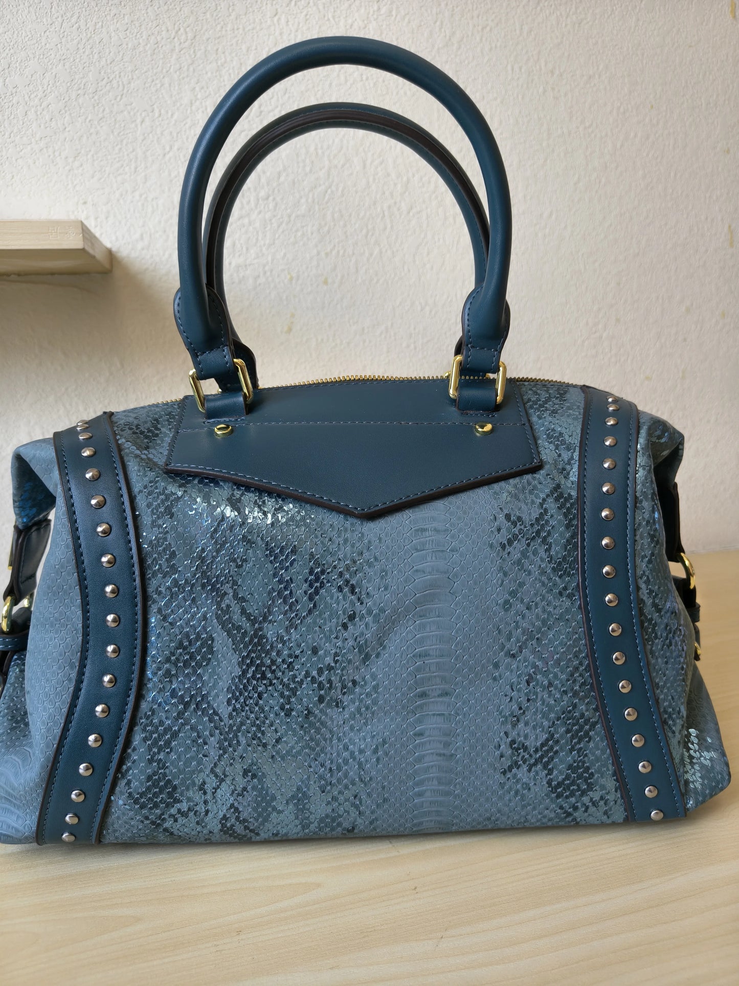 Teal Blue Python Embossed Rhinestone Boston Bag (E61)