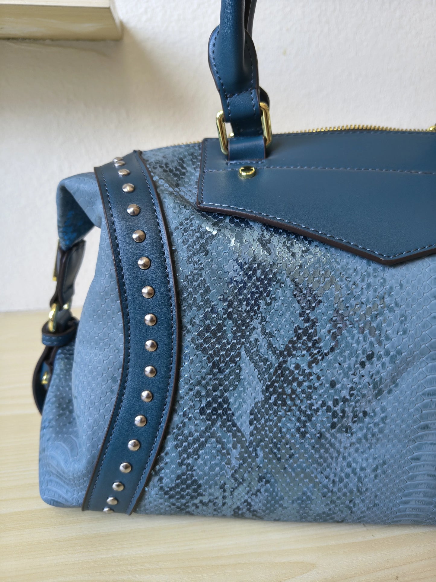 Teal Blue Python Embossed Rhinestone Boston Bag (E61)