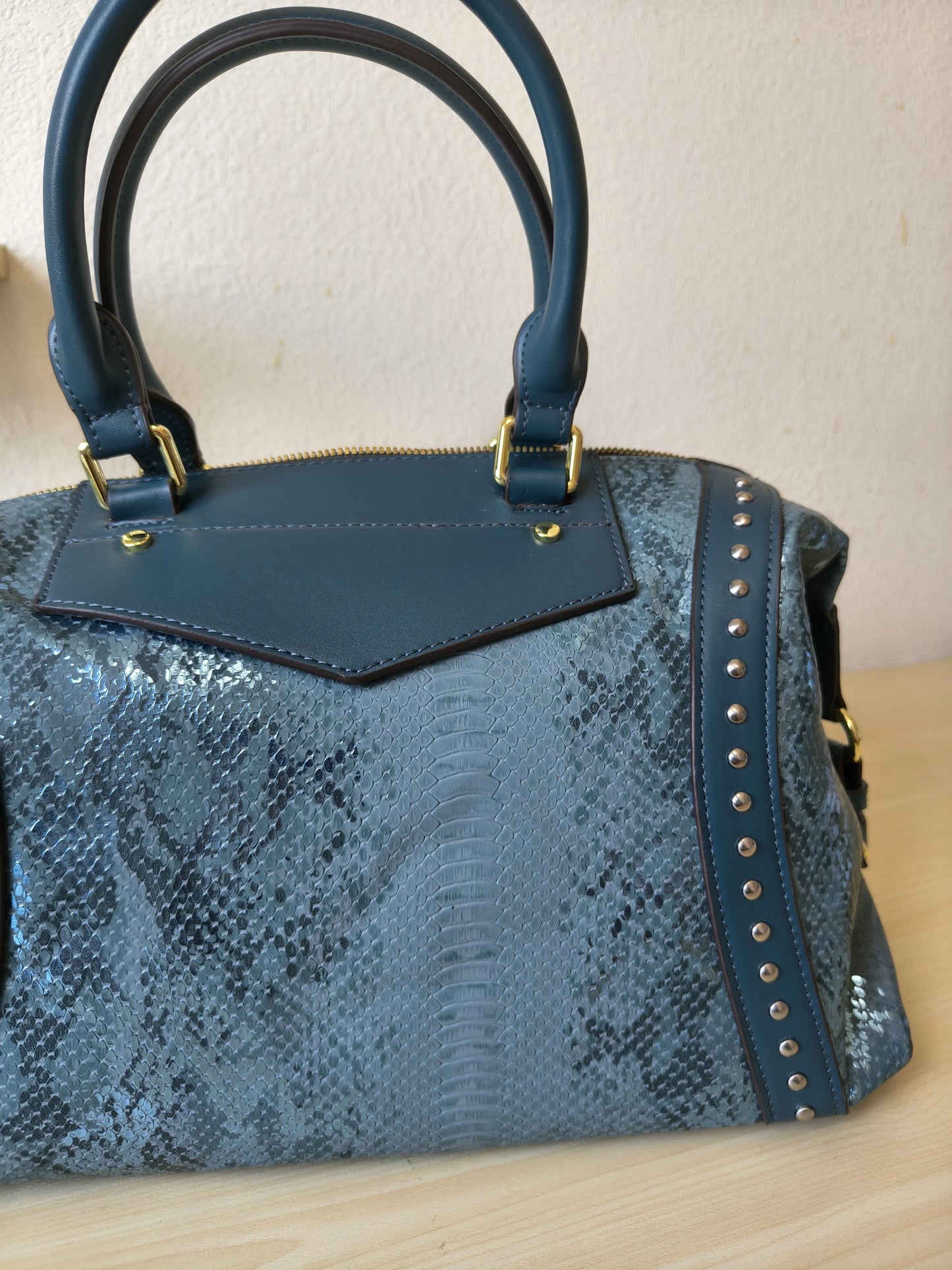 Teal Blue Python Embossed Rhinestone Boston Bag (E61)