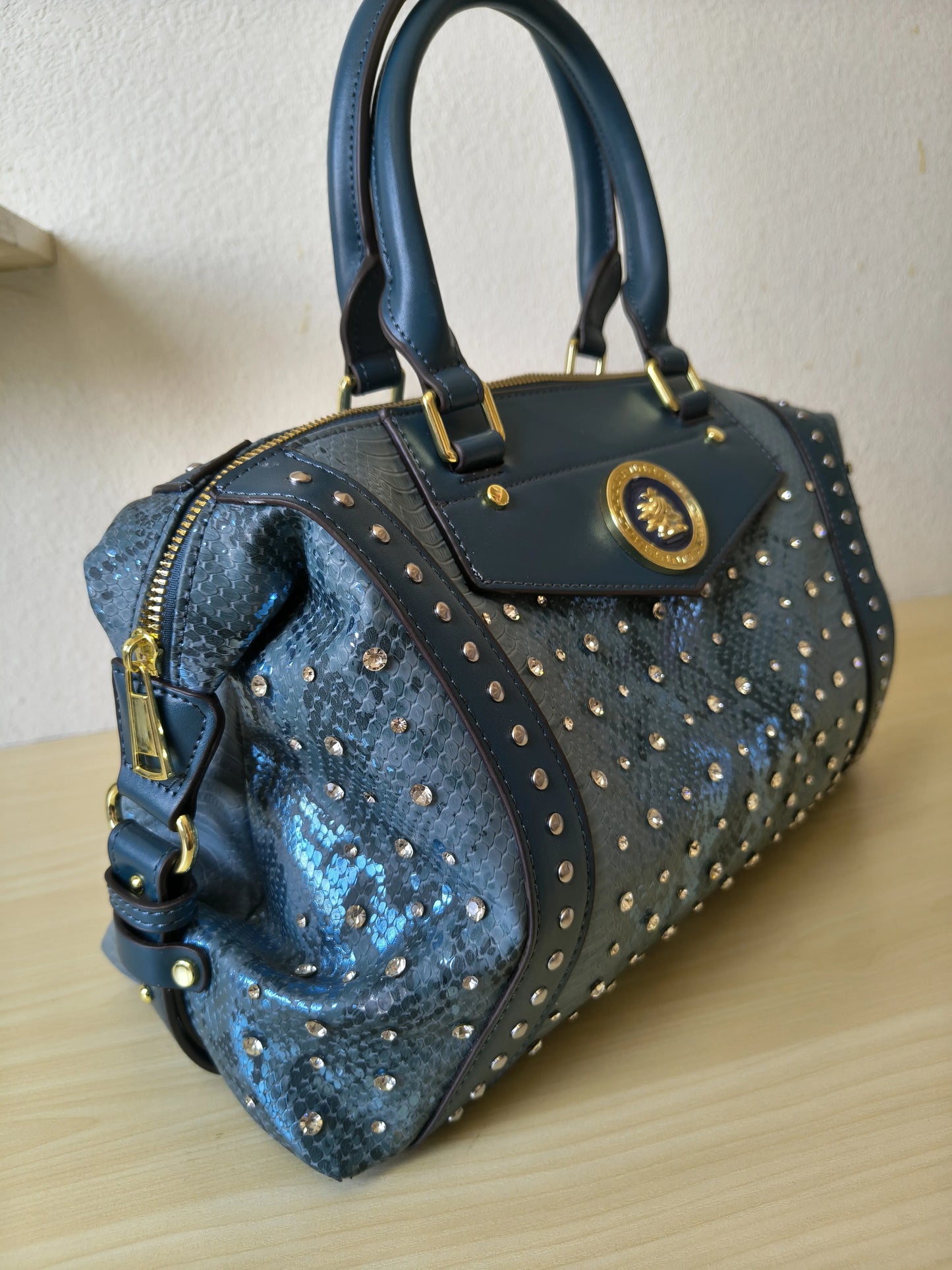 Teal Blue Python Embossed Rhinestone Boston Bag (E61)