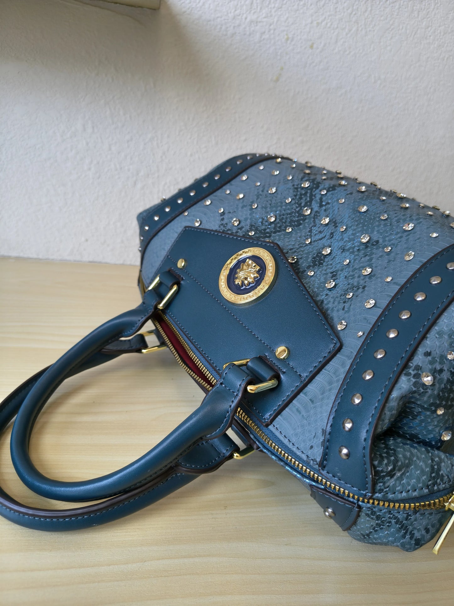 Teal Blue Python Embossed Rhinestone Boston Bag (E61)