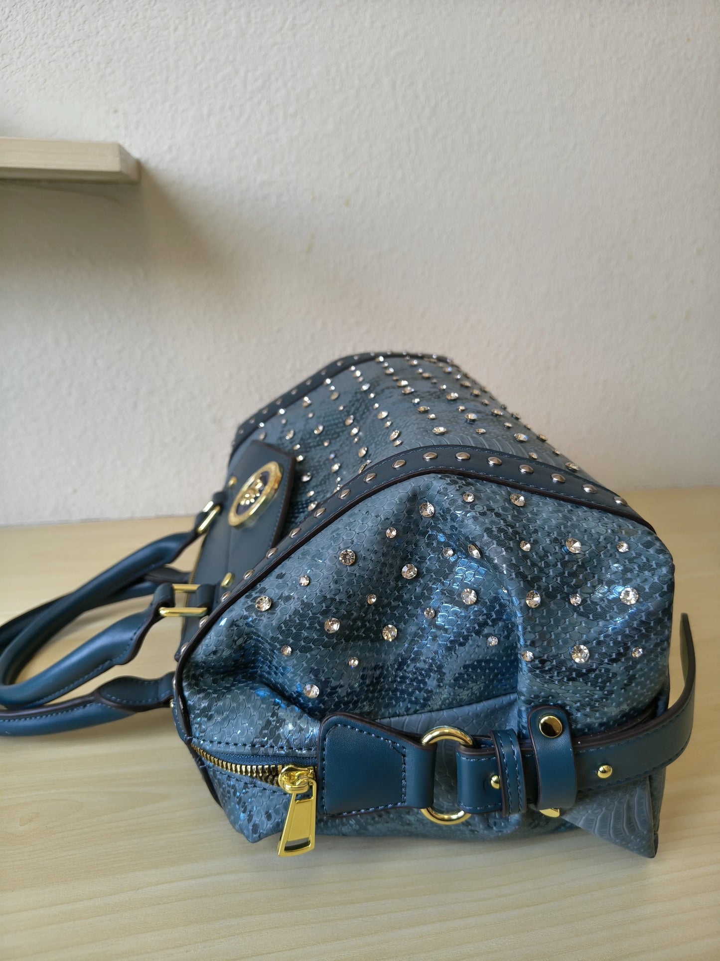 Teal Blue Python Embossed Rhinestone Boston Bag (E61)