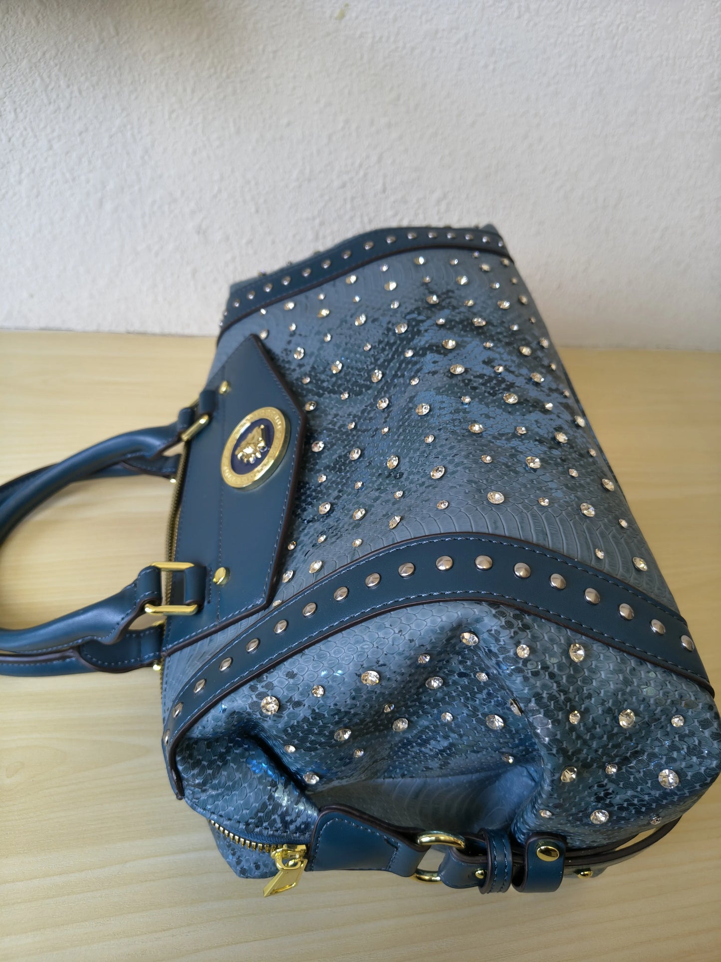 Teal Blue Python Embossed Rhinestone Boston Bag (E61)