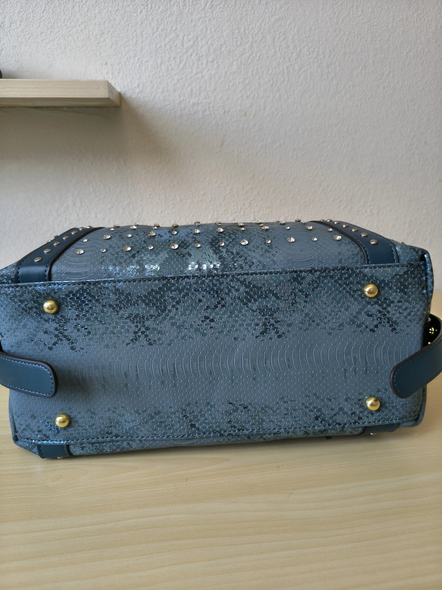 Teal Blue Python Embossed Rhinestone Boston Bag (E61)
