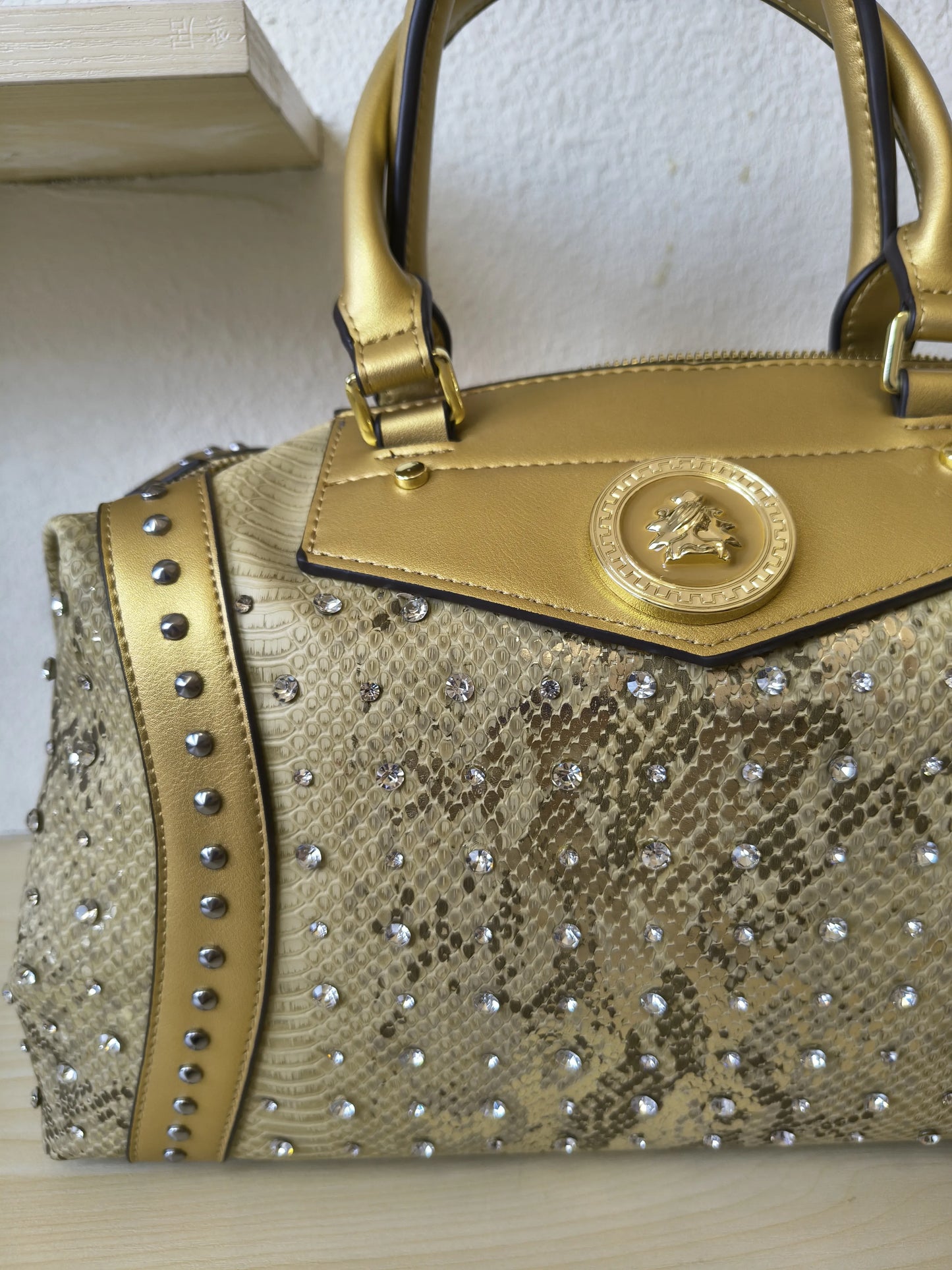 Gold Python Embossed Rhinestone Boston Bag (E62)