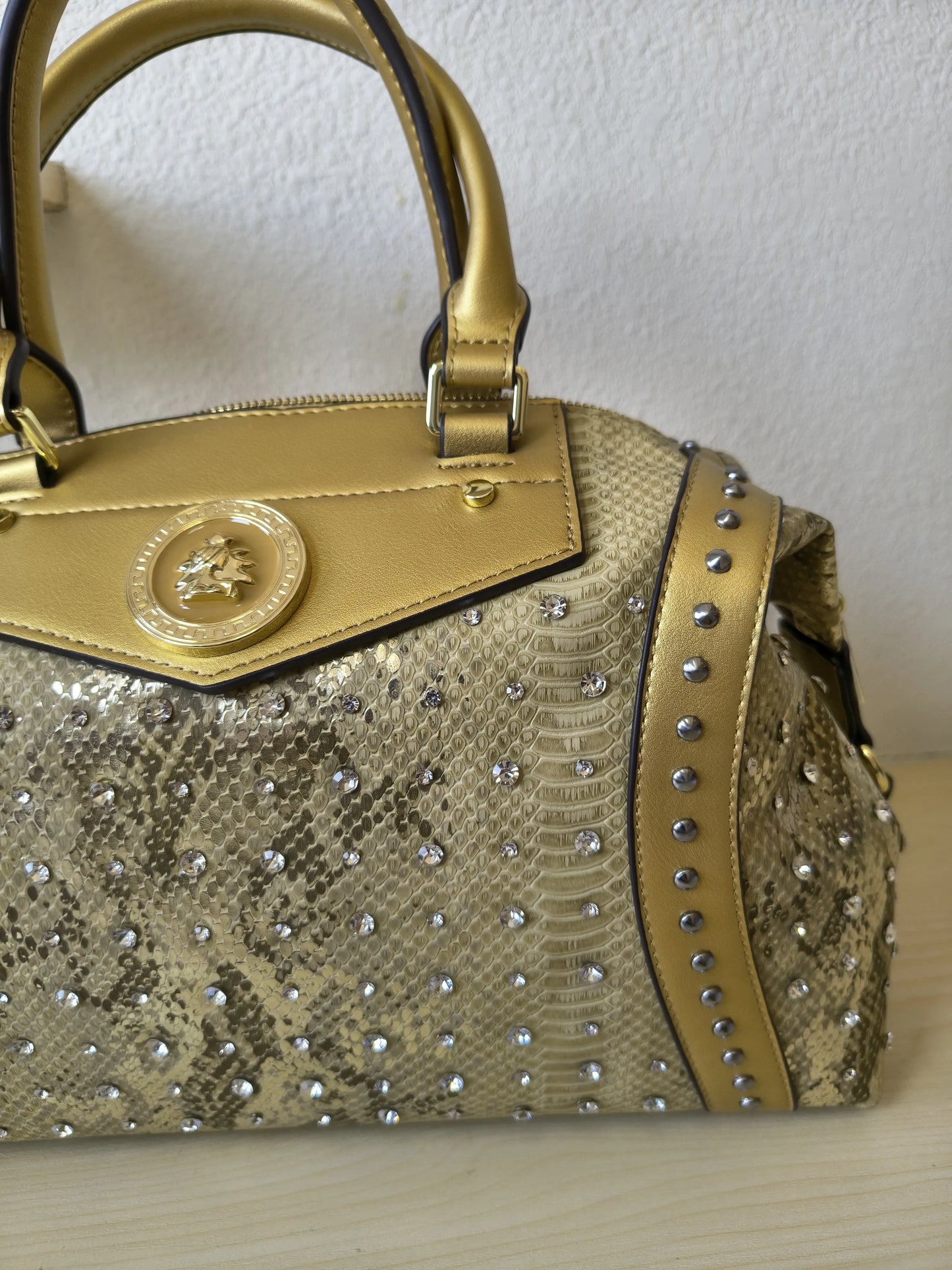 Gold Python Embossed Rhinestone Boston Bag (E62)
