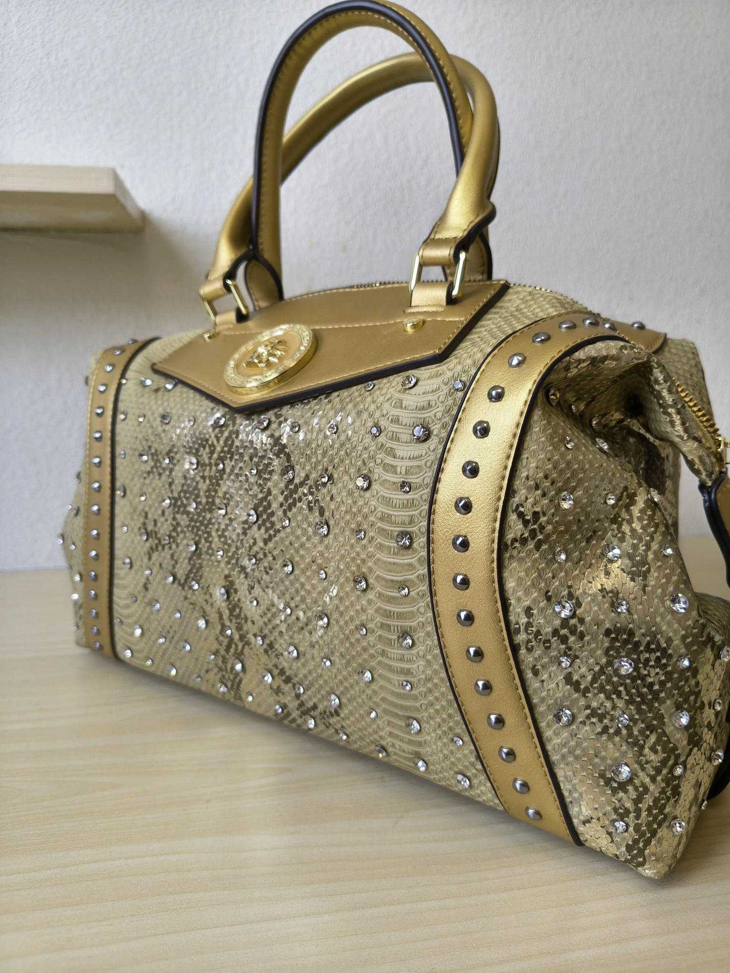 Gold Python Embossed Rhinestone Boston Bag (E62)