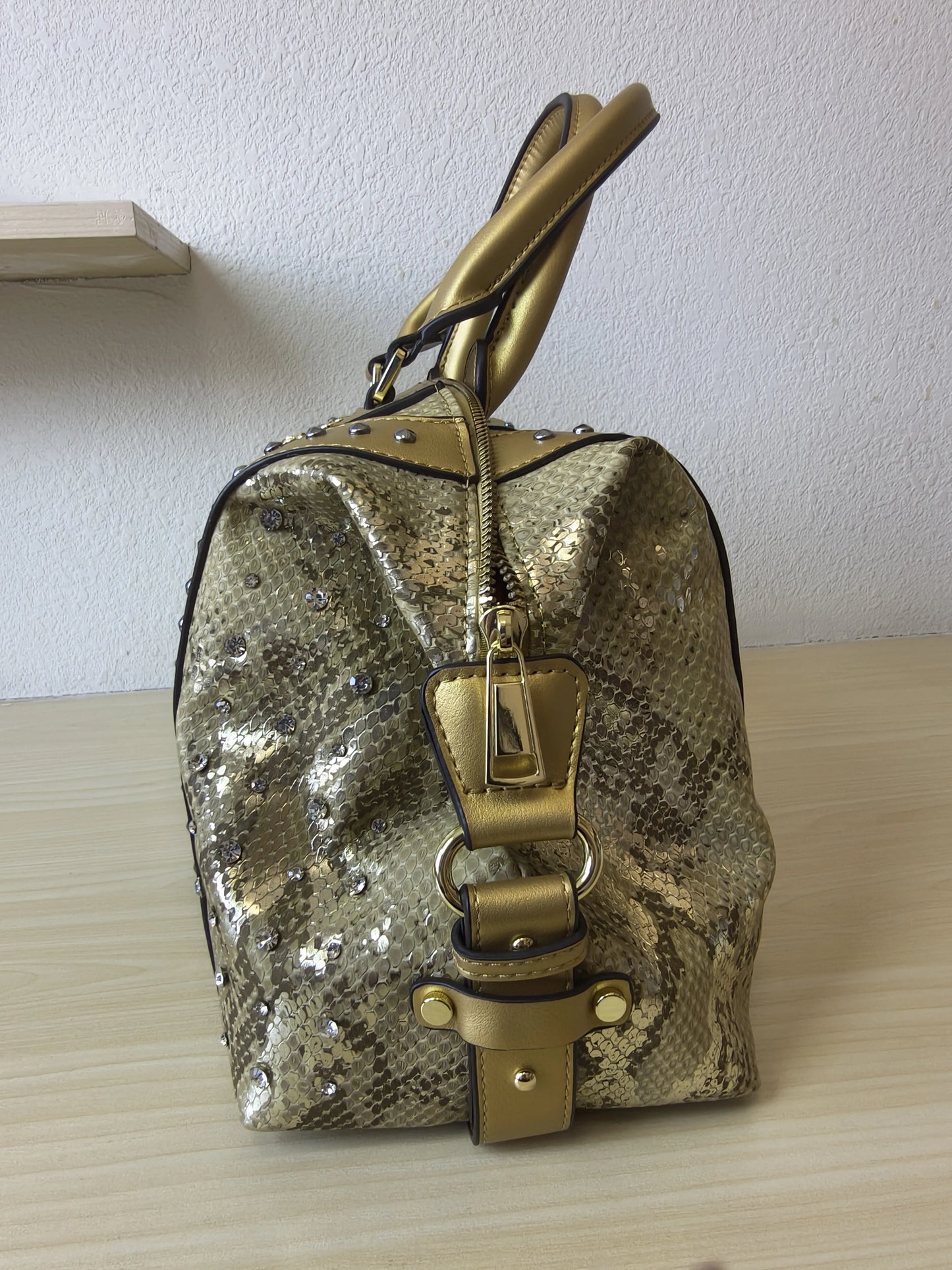Gold Python Embossed Rhinestone Boston Bag (E62)