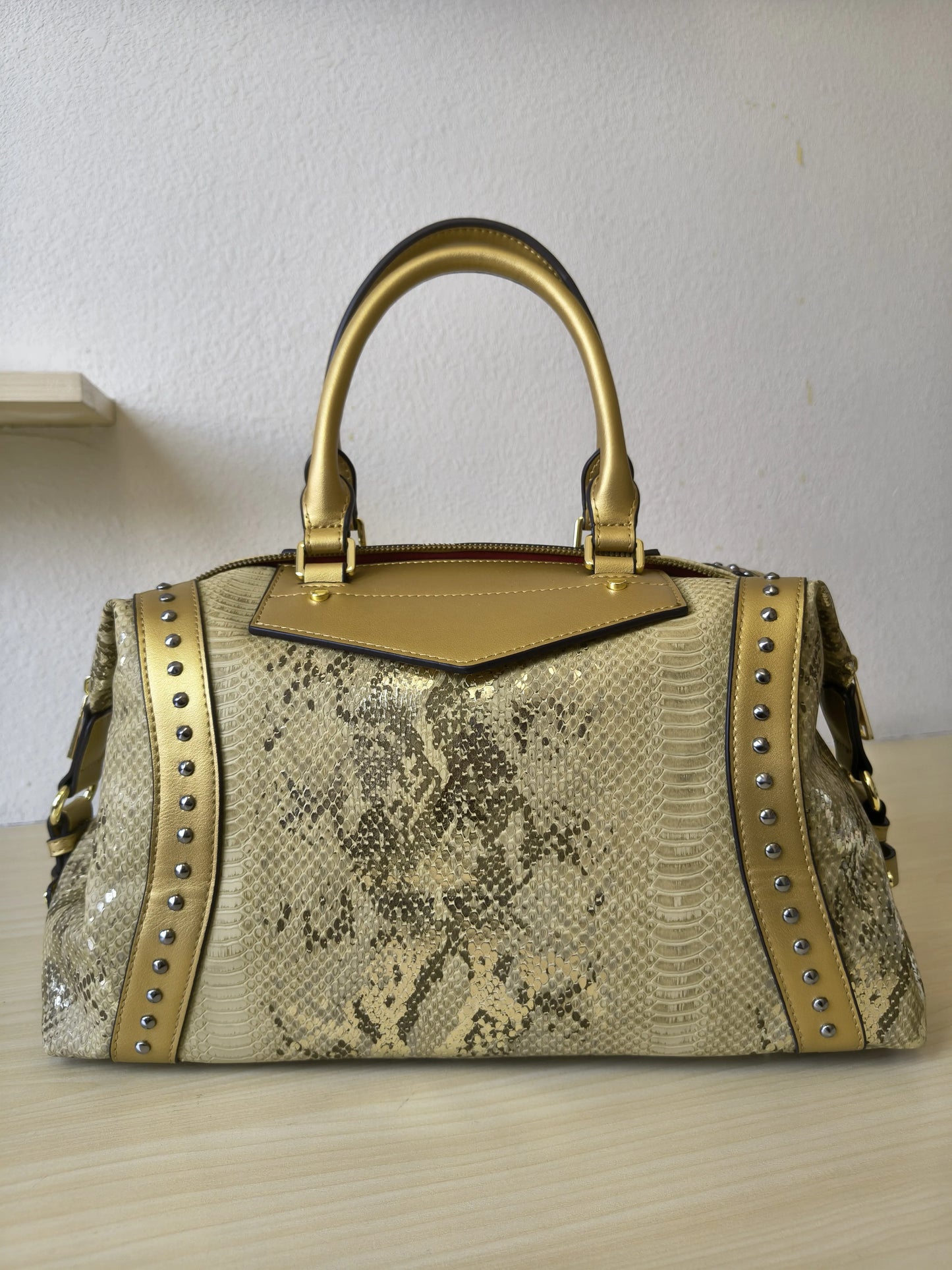 Gold Python Embossed Rhinestone Boston Bag (E62)