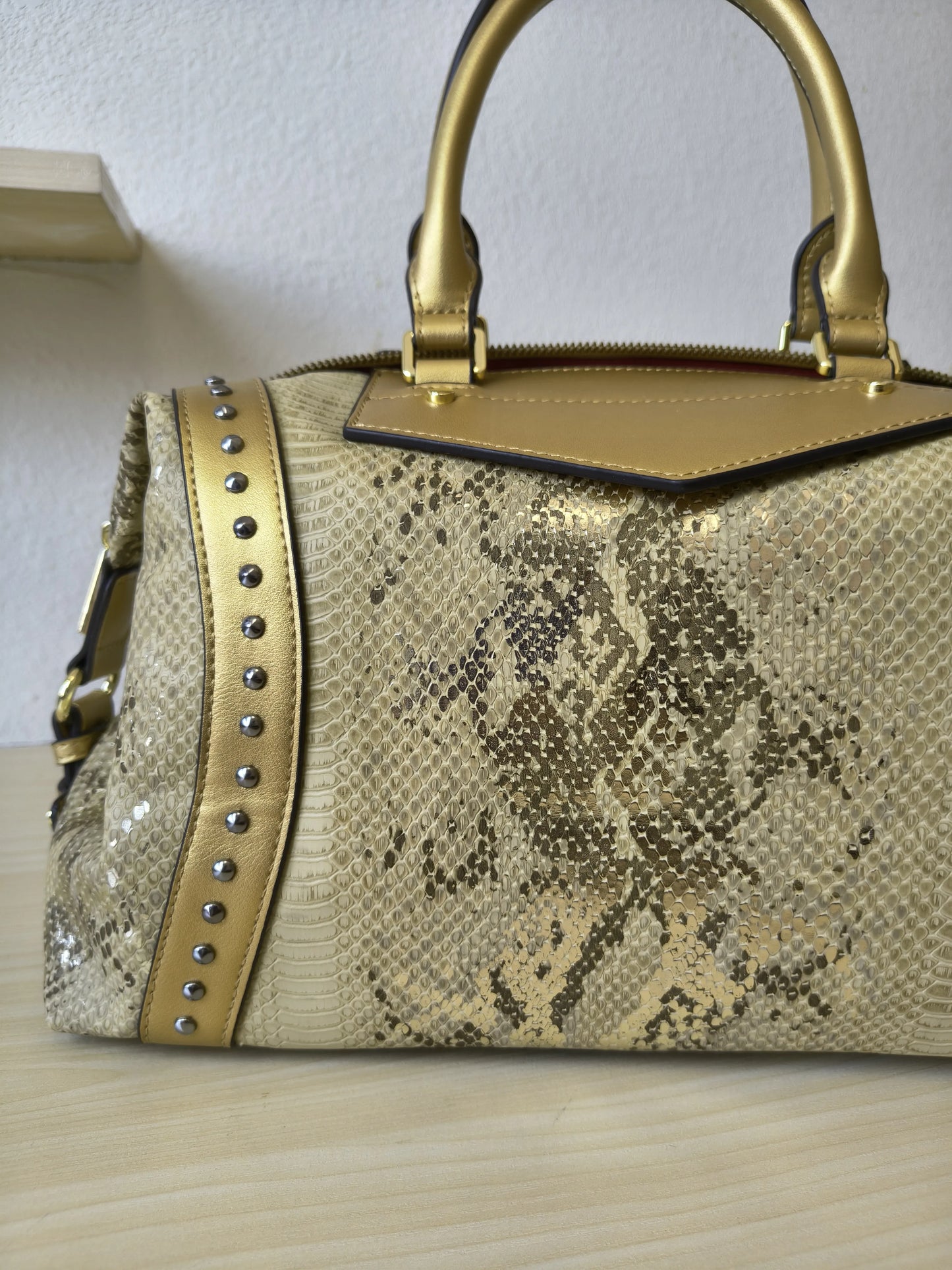 Gold Python Embossed Rhinestone Boston Bag (E62)