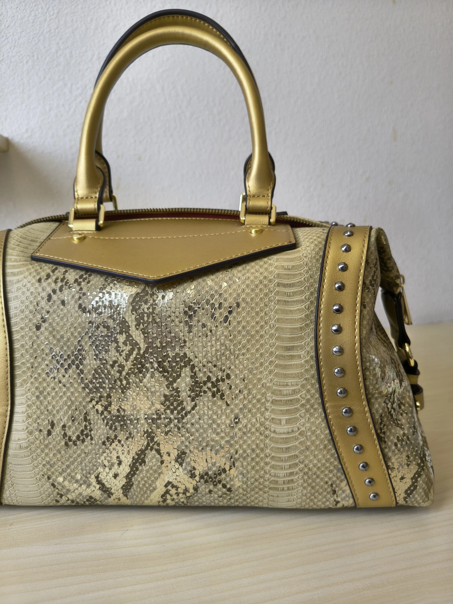 Gold Python Embossed Rhinestone Boston Bag (E62)