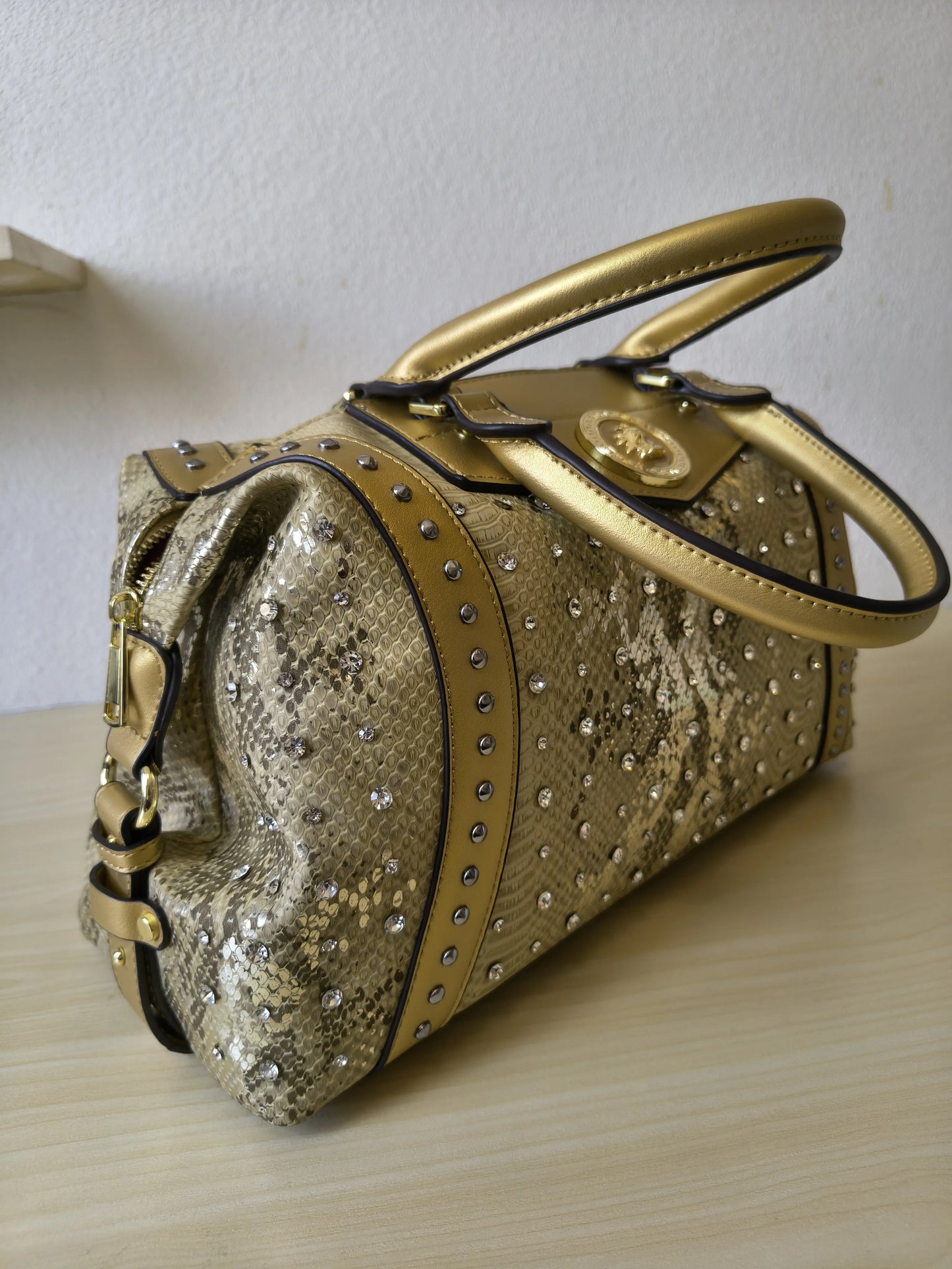 Gold Python Embossed Rhinestone Boston Bag (E62)