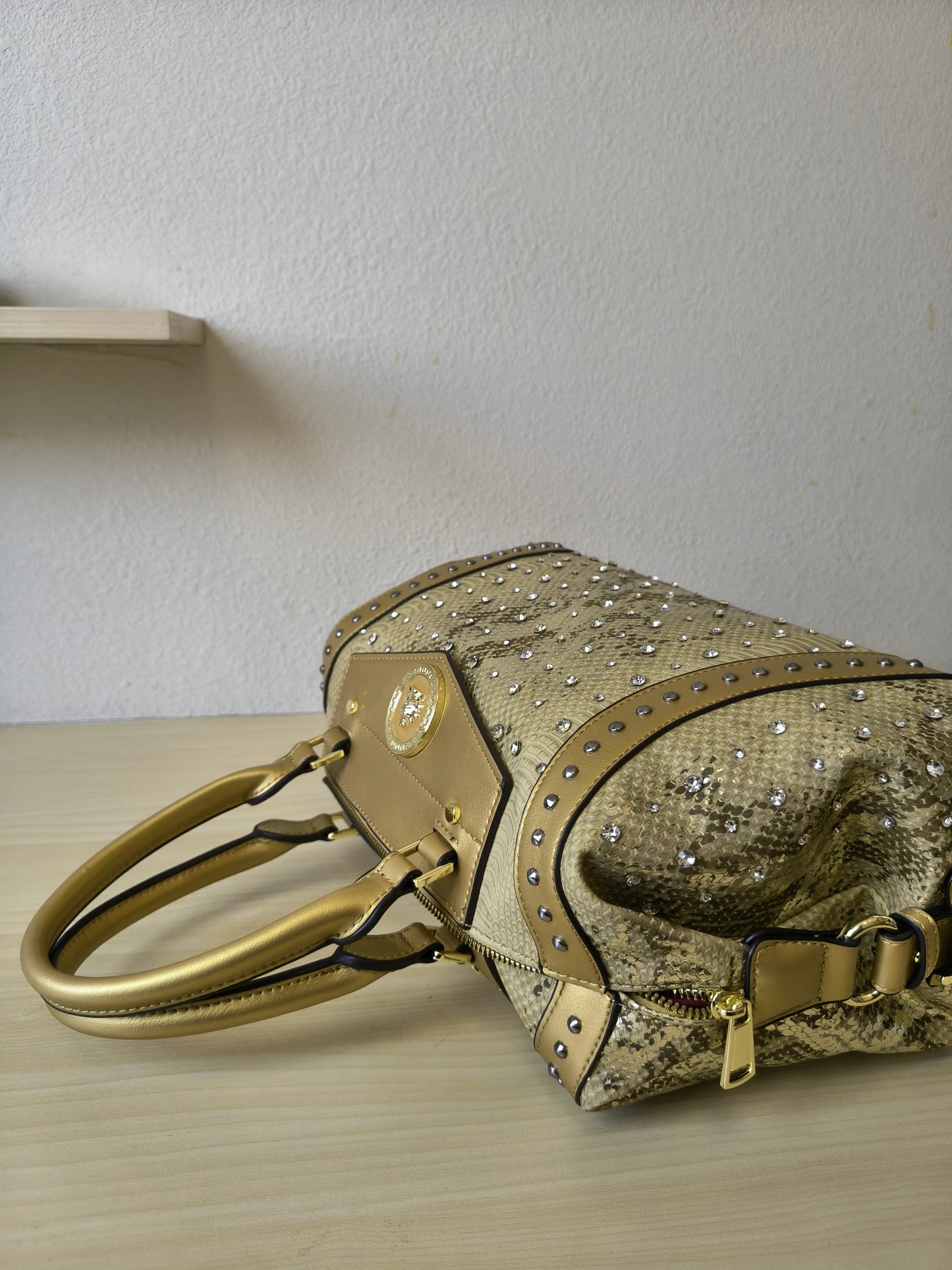 Gold Python Embossed Rhinestone Boston Bag (E62)