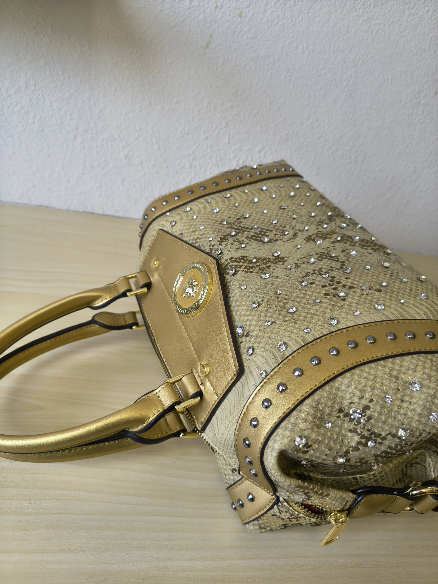 Gold Python Embossed Rhinestone Boston Bag (E62)