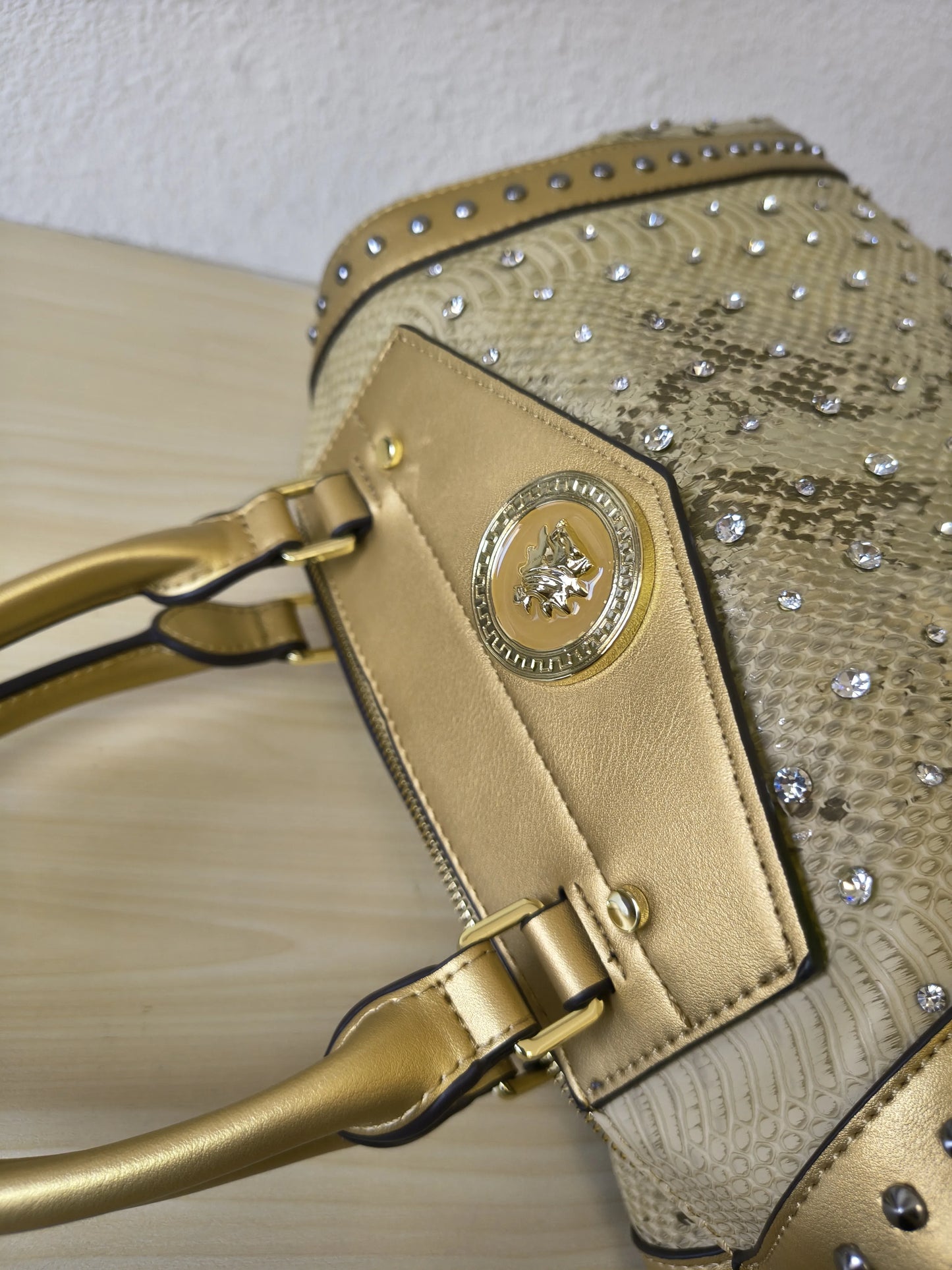 Gold Python Embossed Rhinestone Boston Bag (E62)