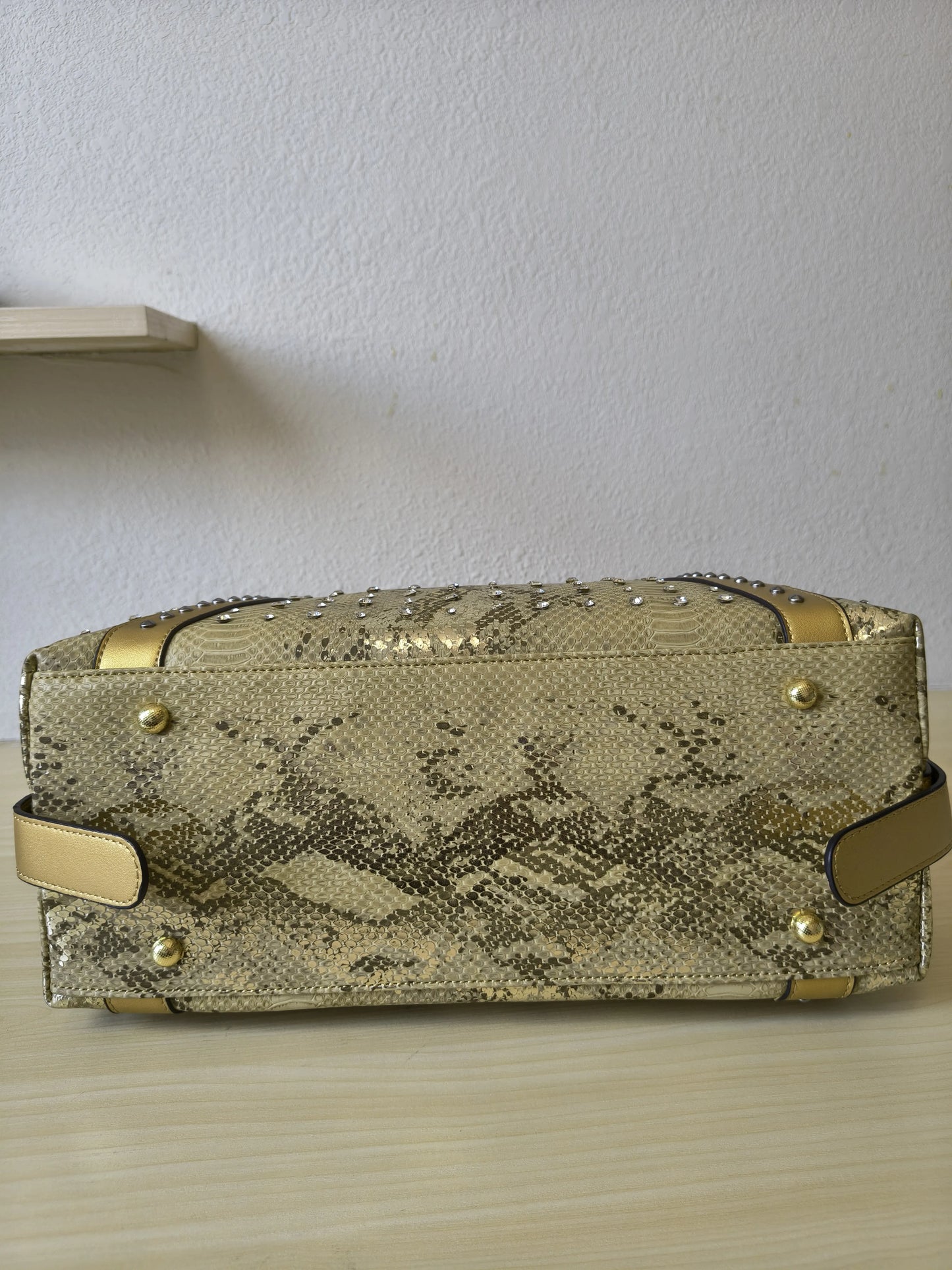 Gold Python Embossed Rhinestone Boston Bag (E62)