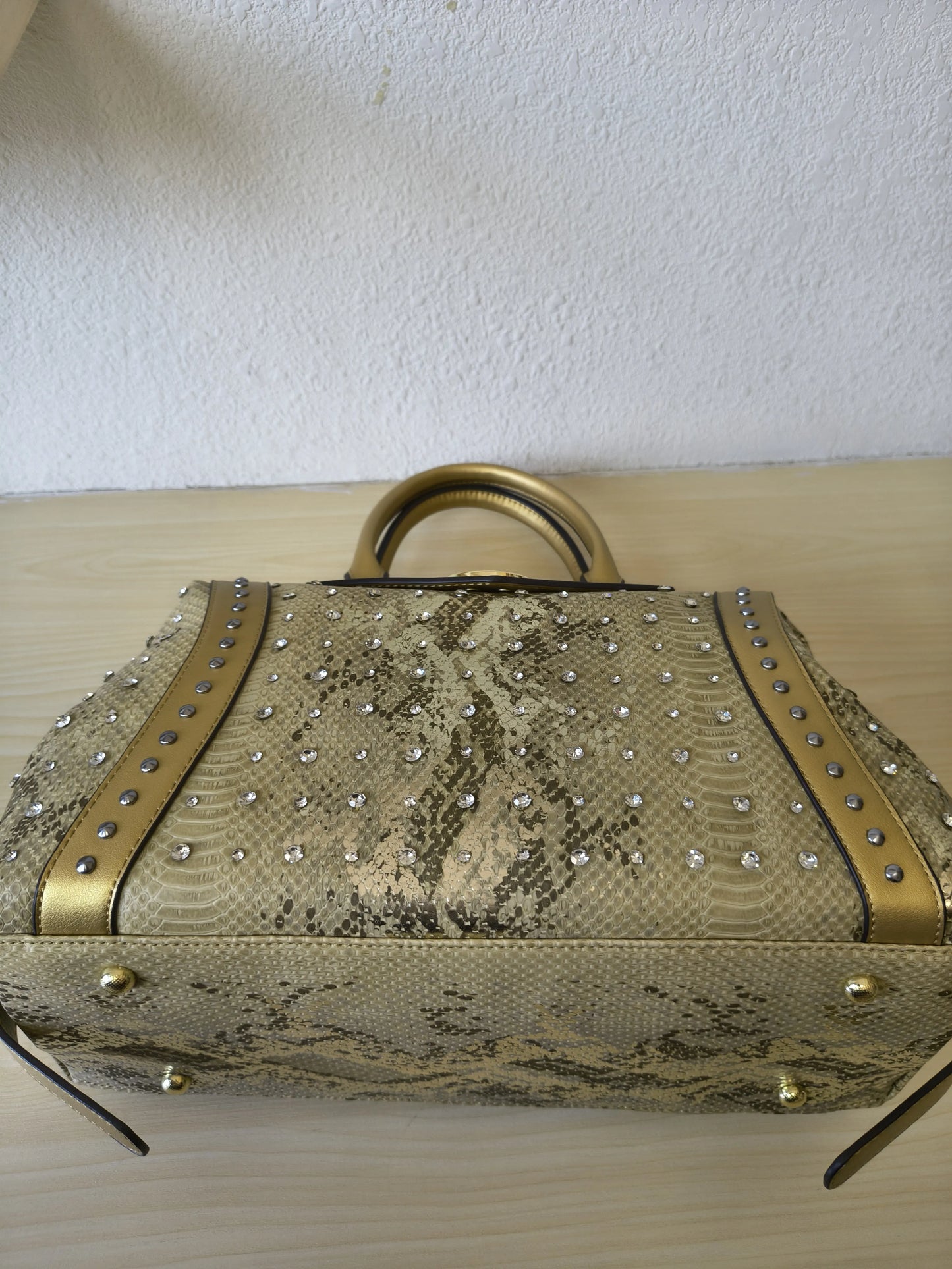 Gold Python Embossed Rhinestone Boston Bag (E62)