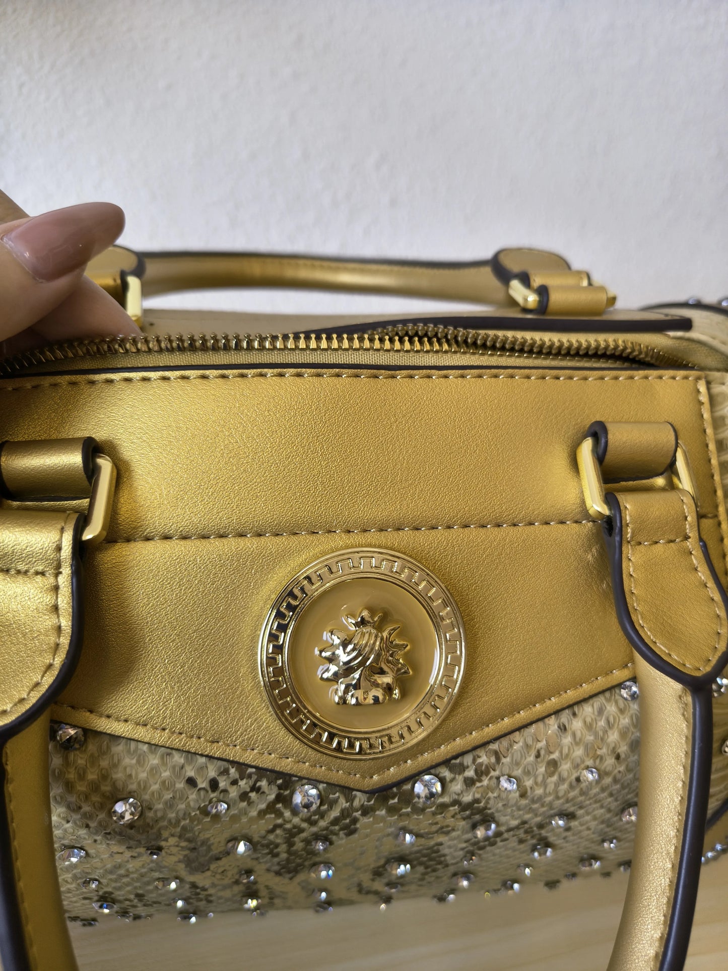 Gold Python Embossed Rhinestone Boston Bag (E62)