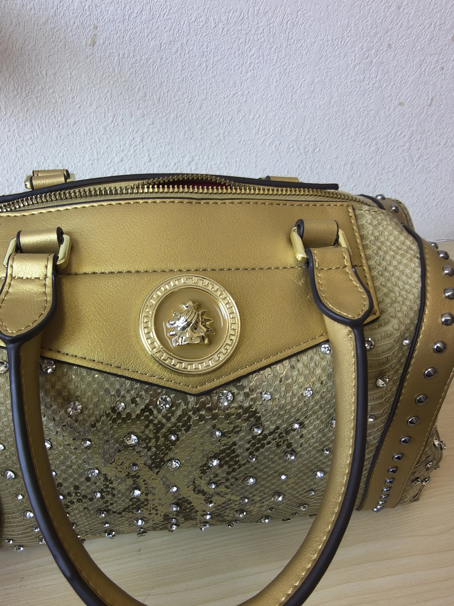 Gold Python Embossed Rhinestone Boston Bag (E62)