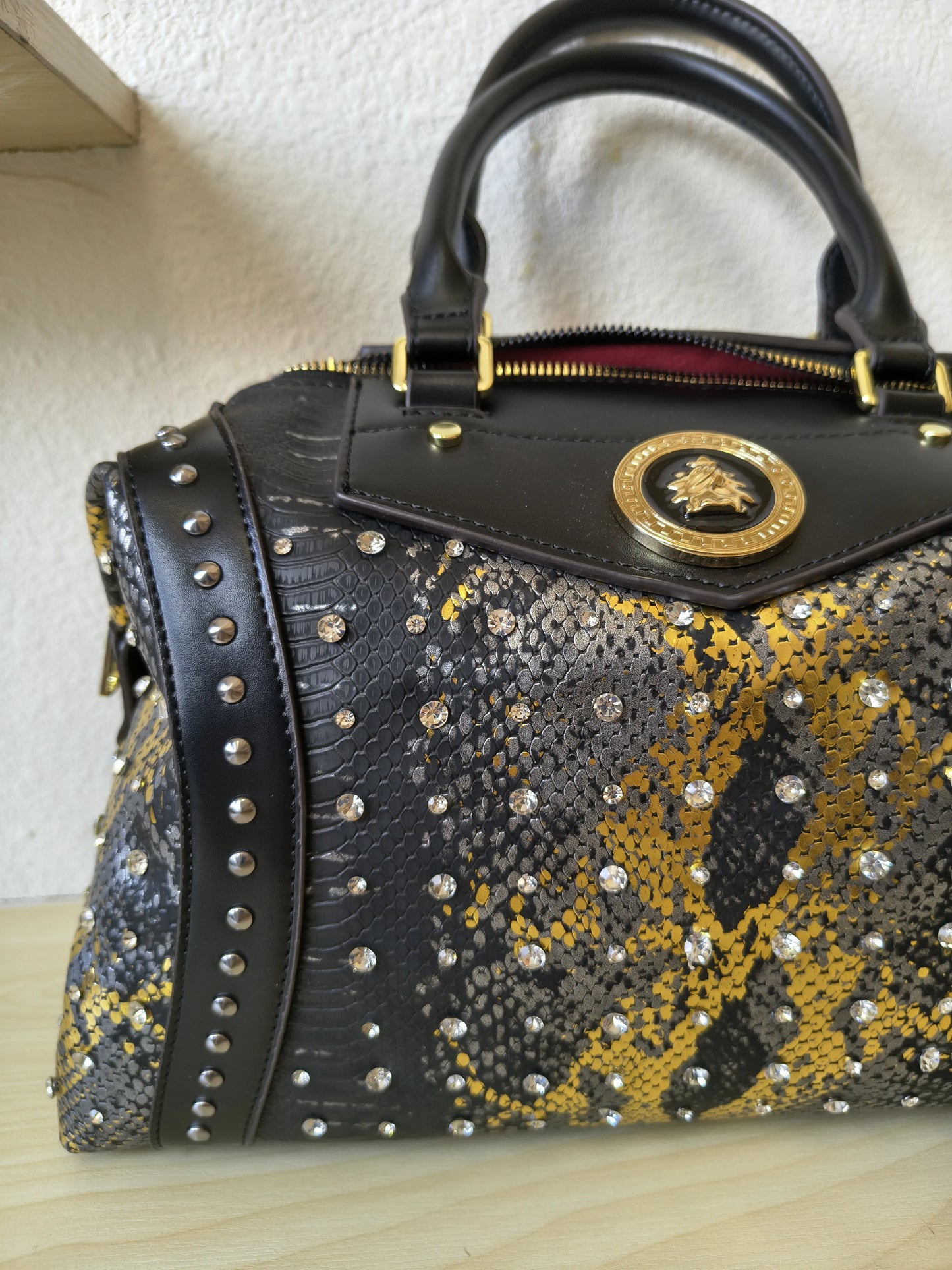 Black Python Embossed Rhinestone Boston Bag (E63)