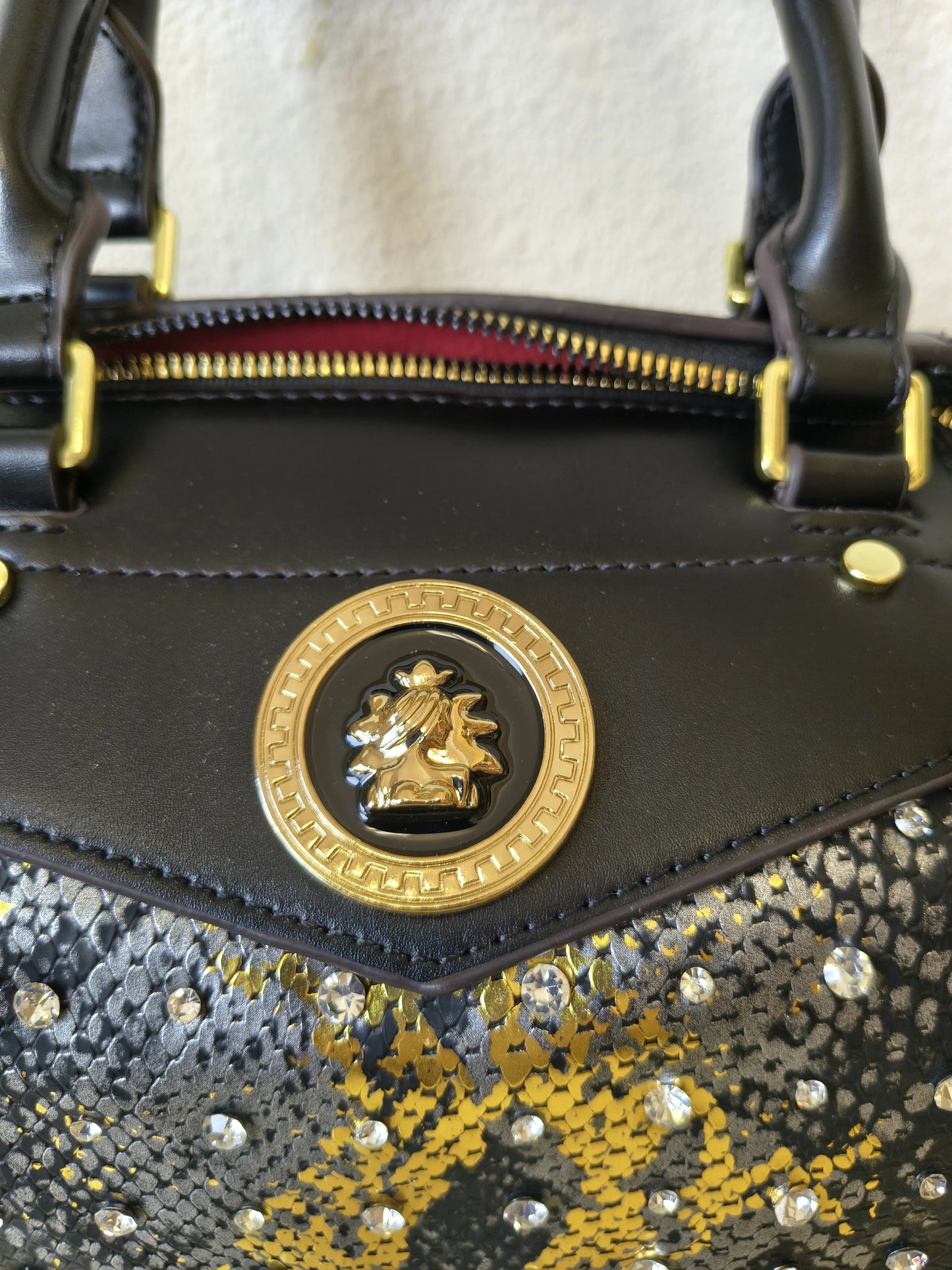 Black Python Embossed Rhinestone Boston Bag (E63)