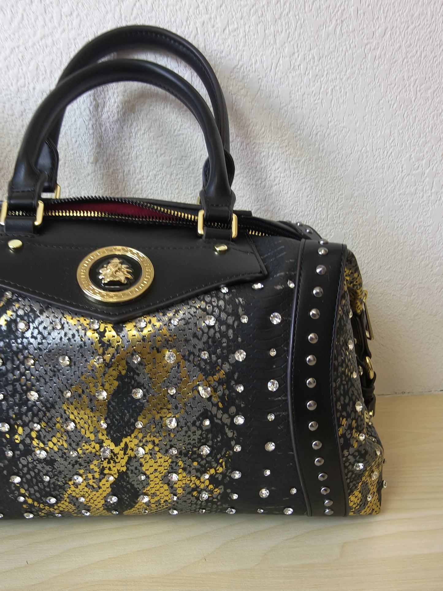 Black Python Embossed Rhinestone Boston Bag (E63)
