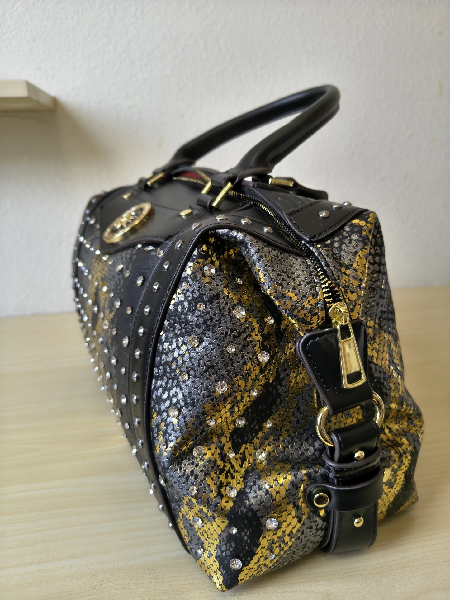 Black Python Embossed Rhinestone Boston Bag (E63)