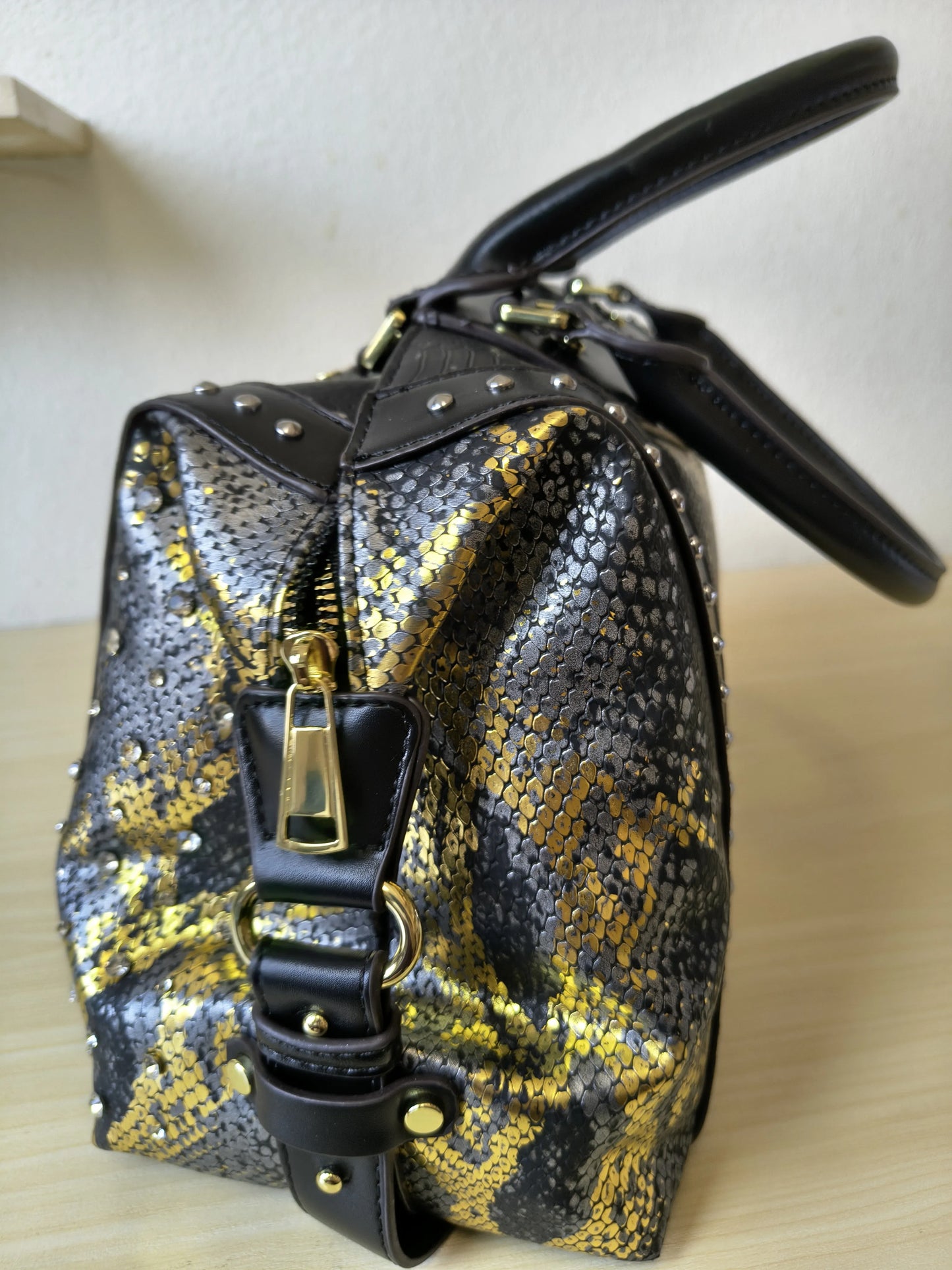 Black Python Embossed Rhinestone Boston Bag (E63)