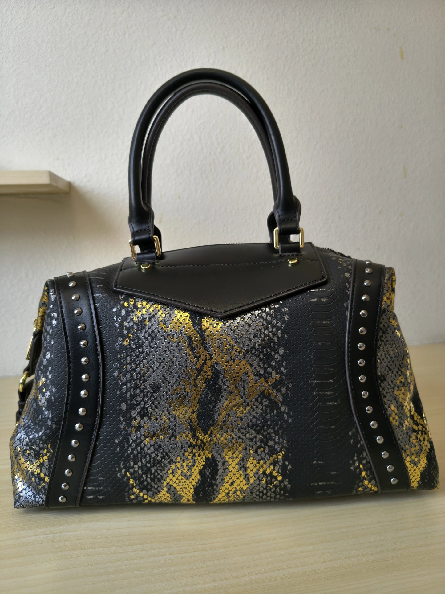 Black Python Embossed Rhinestone Boston Bag (E63)
