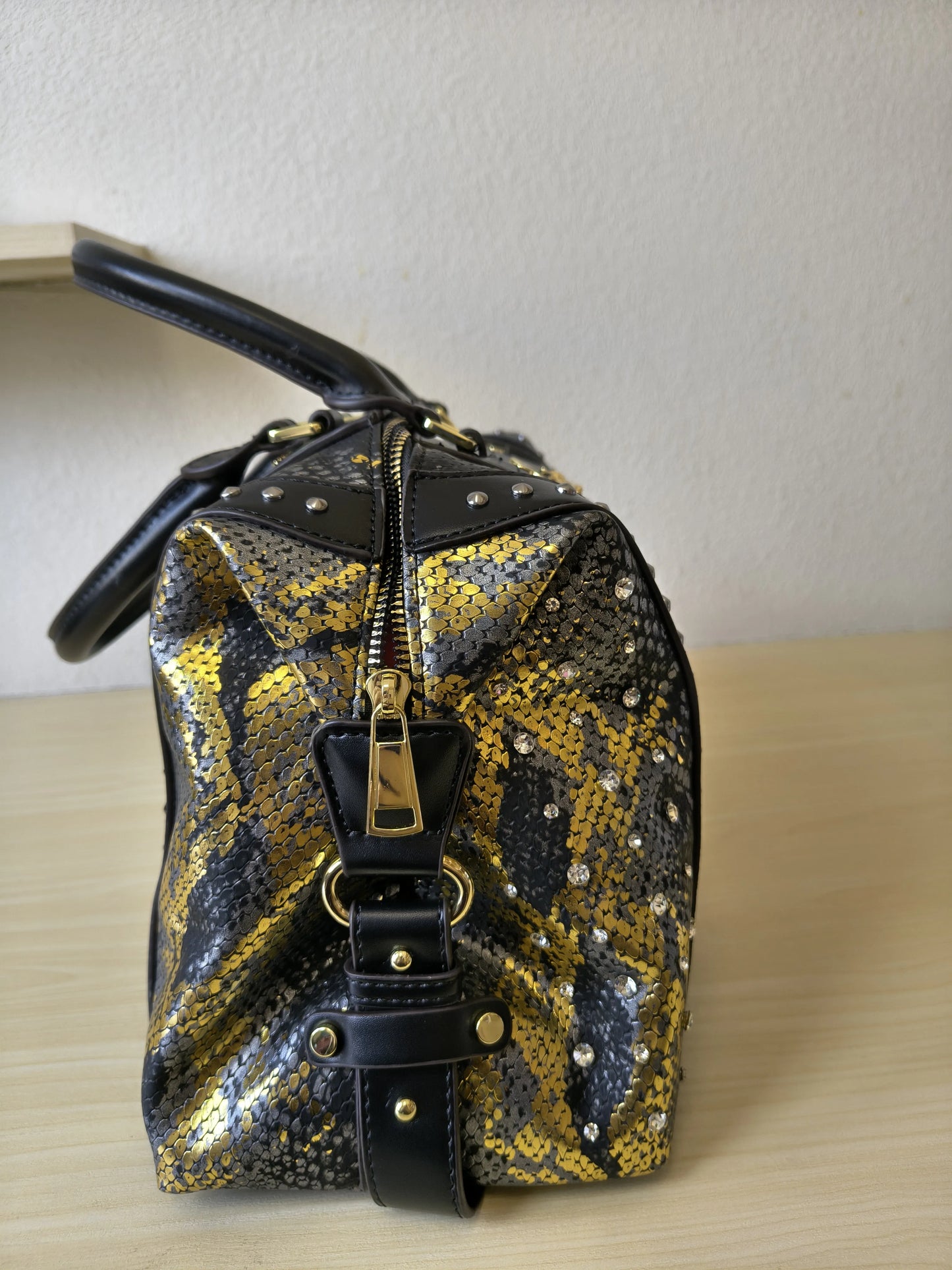 Black Python Embossed Rhinestone Boston Bag (E63)