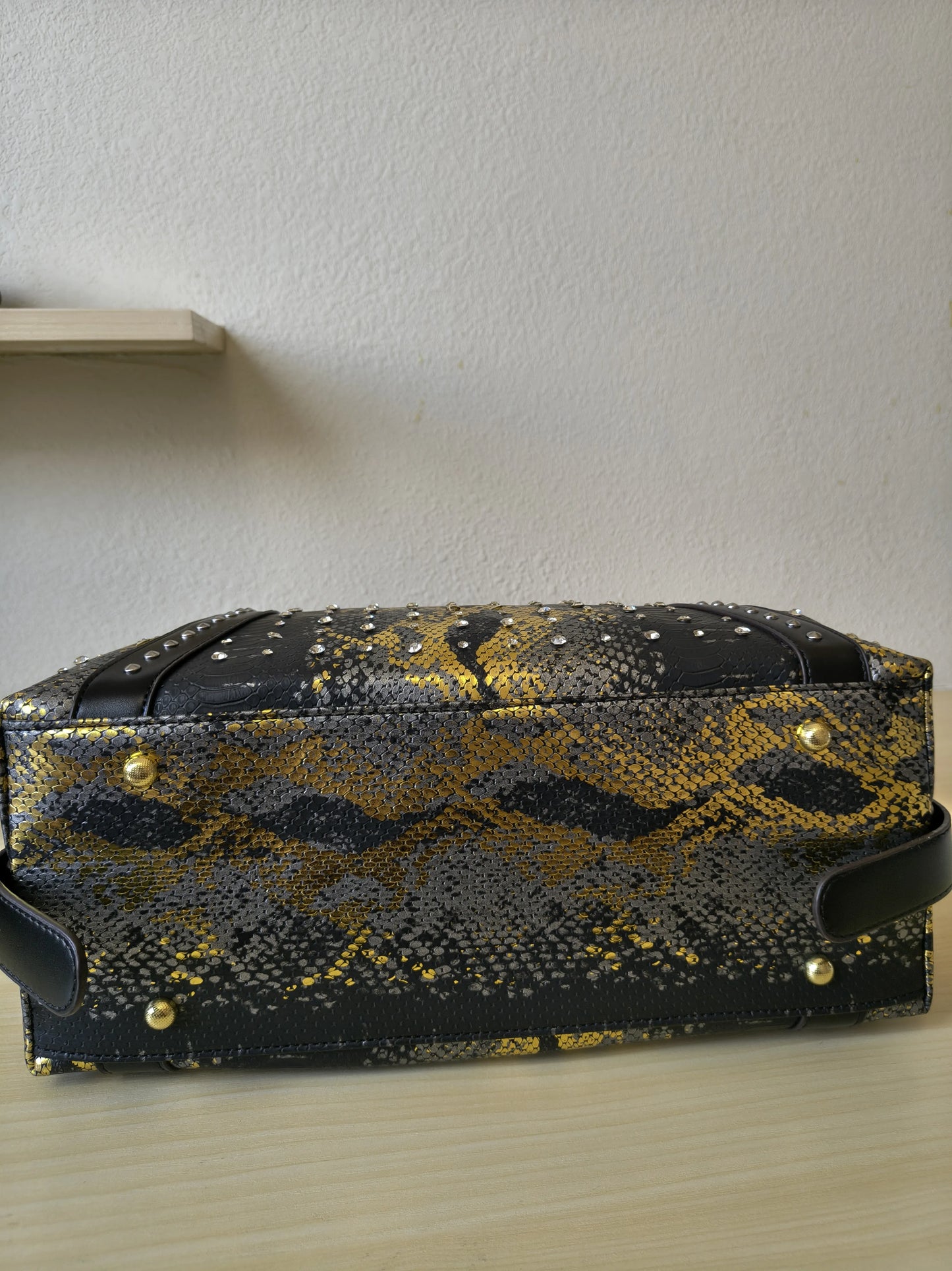 Black Python Embossed Rhinestone Boston Bag (E63)