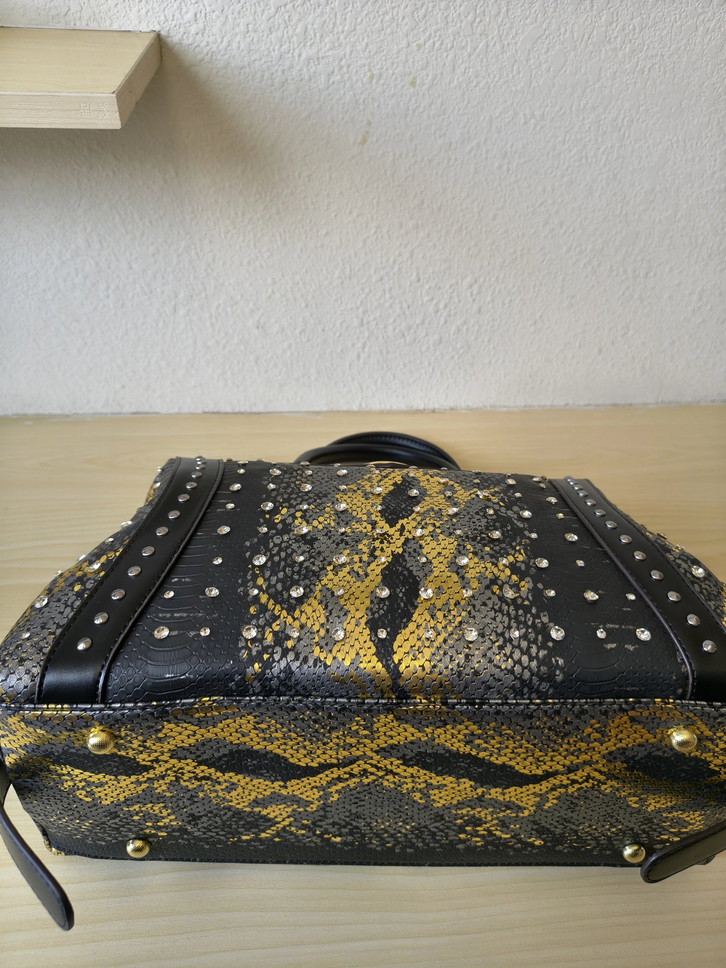 Black Python Embossed Rhinestone Boston Bag (E63)